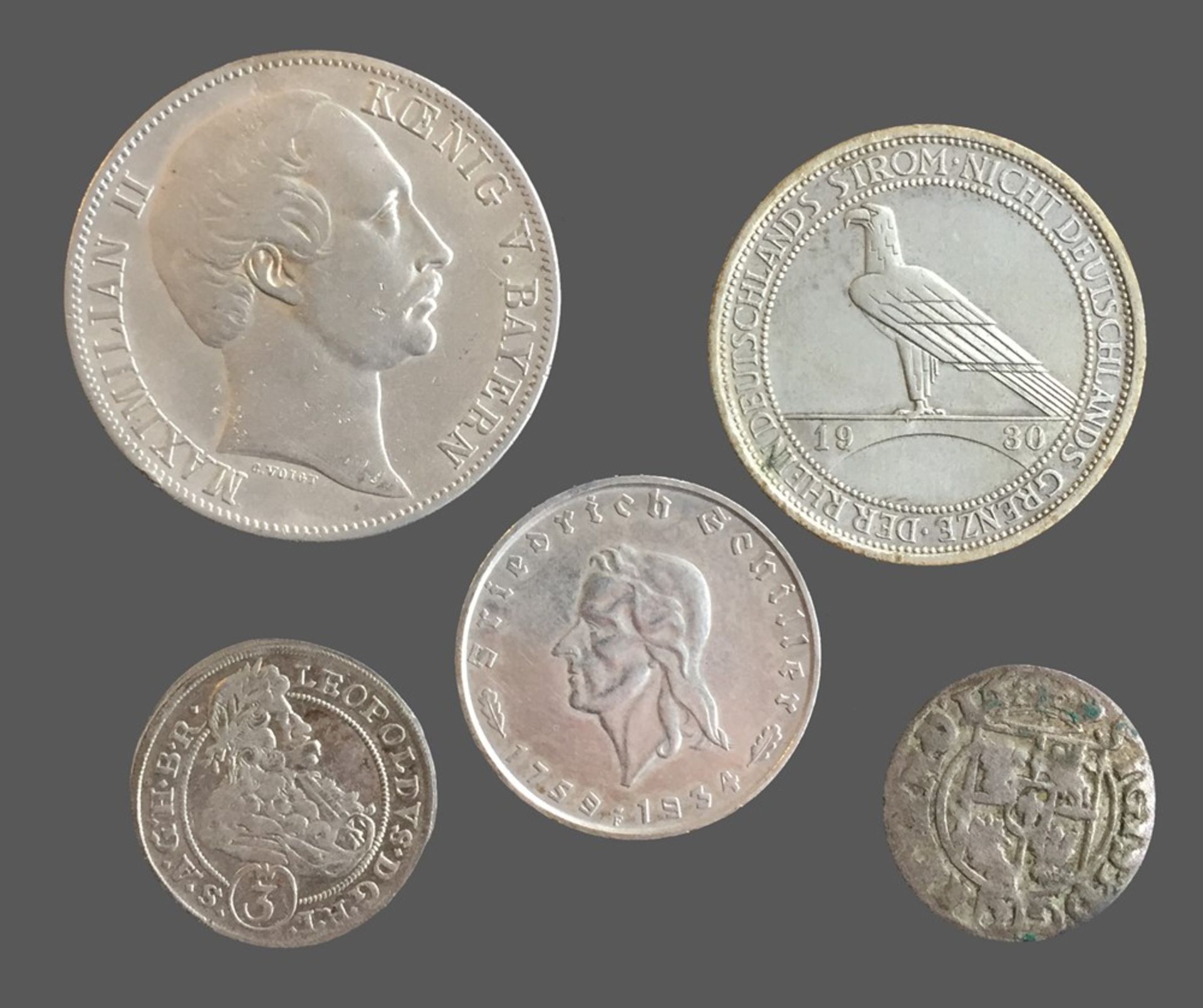 Konvolut Silbermünzen Deu. Pol. RDR.5 Stück.Vereinstaler Bayern 1860.3 RM Rh