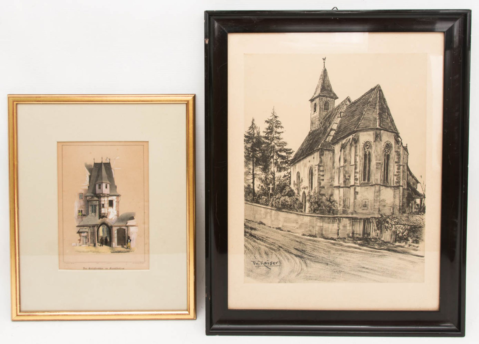 Zwei Architekturansichten, Lithografie um 1835, Radierung 20. Jh.Beide Bilder sind gera