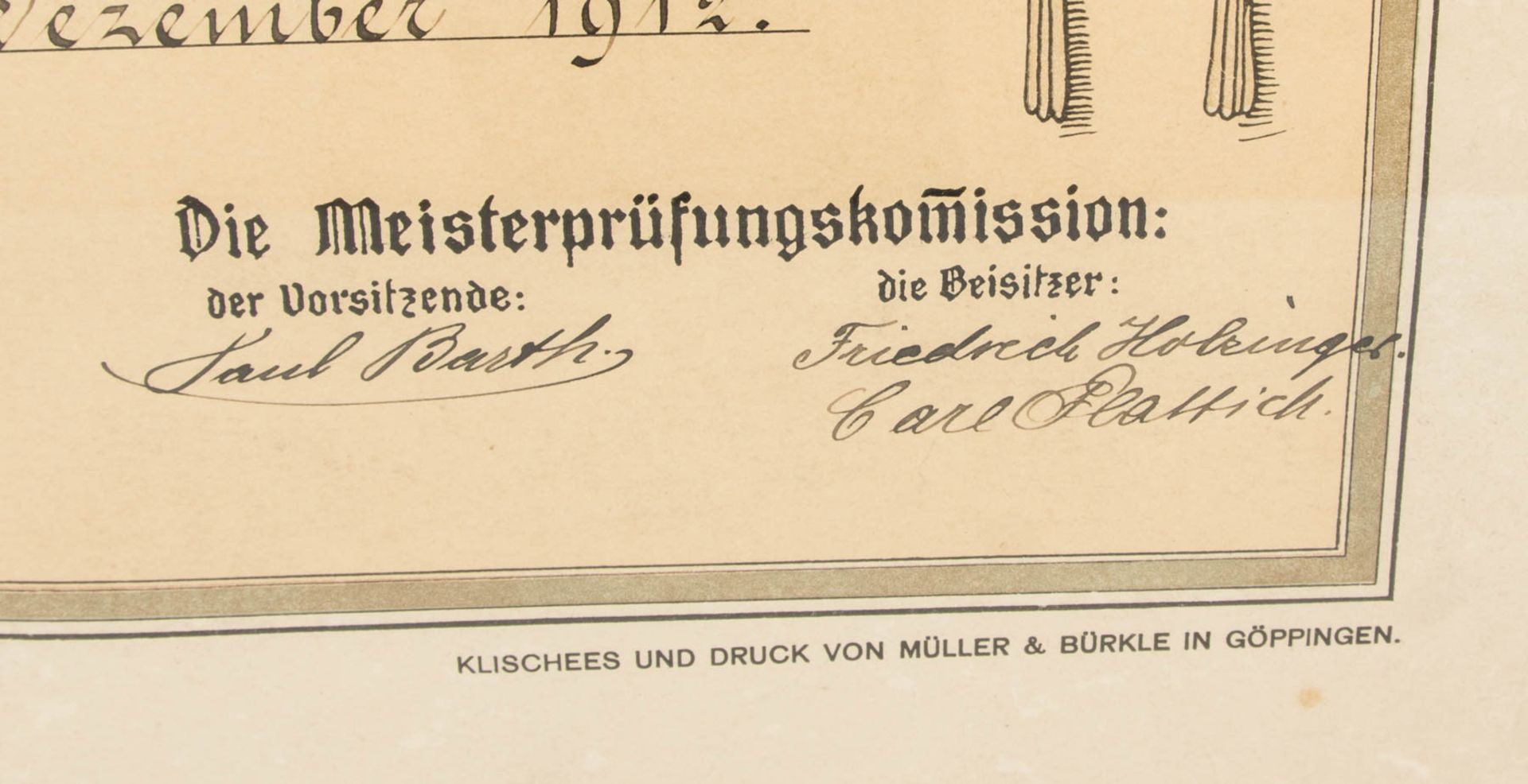 Meisterbrief zum Zimmerer mit Tonreliefs des Meisters und seiner Frau, Stuttgart 1912. - Bild 3 aus 10