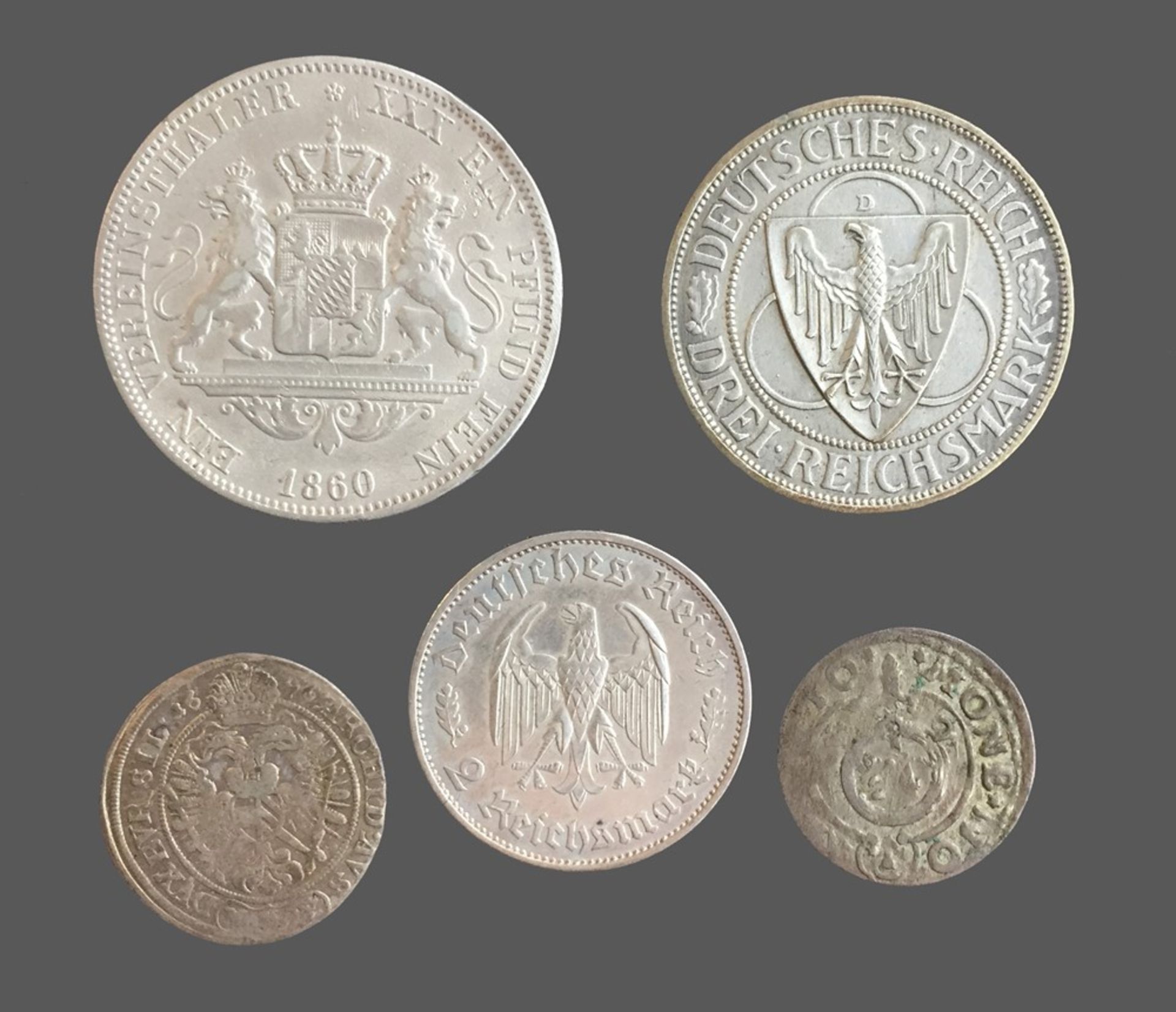 Konvolut Silbermünzen Deu. Pol. RDR.5 Stück.Vereinstaler Bayern 1860.3 RM Rh - Bild 2 aus 2