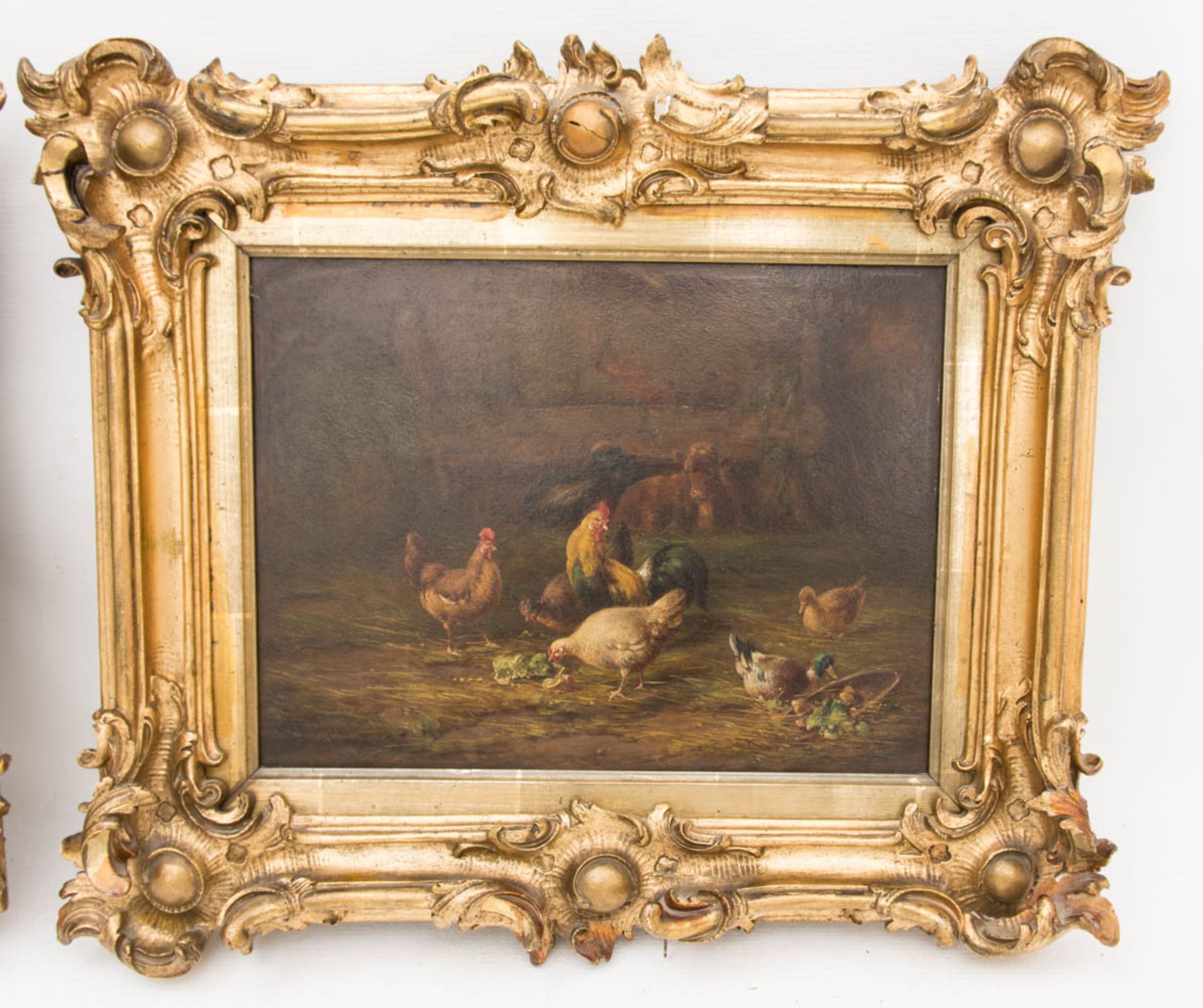 Monogrammiert R. Reinhardt, Öl auf Holz, Zwei Genrebilder.Gerahmt, Hühner mit Schafe - Bild 3 aus 7