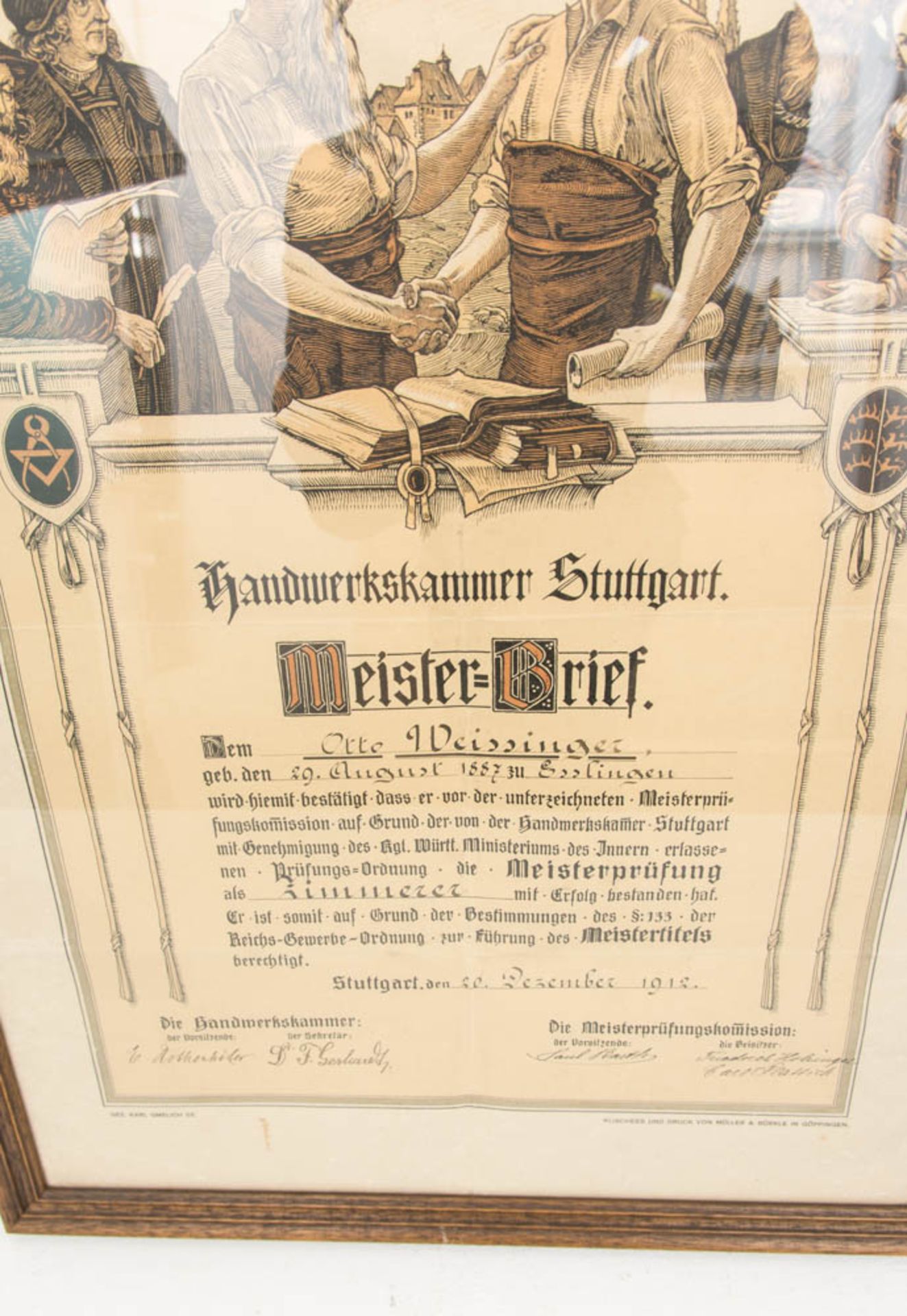 Meisterbrief zum Zimmerer mit Tonreliefs des Meisters und seiner Frau, Stuttgart 1912. - Bild 2 aus 10