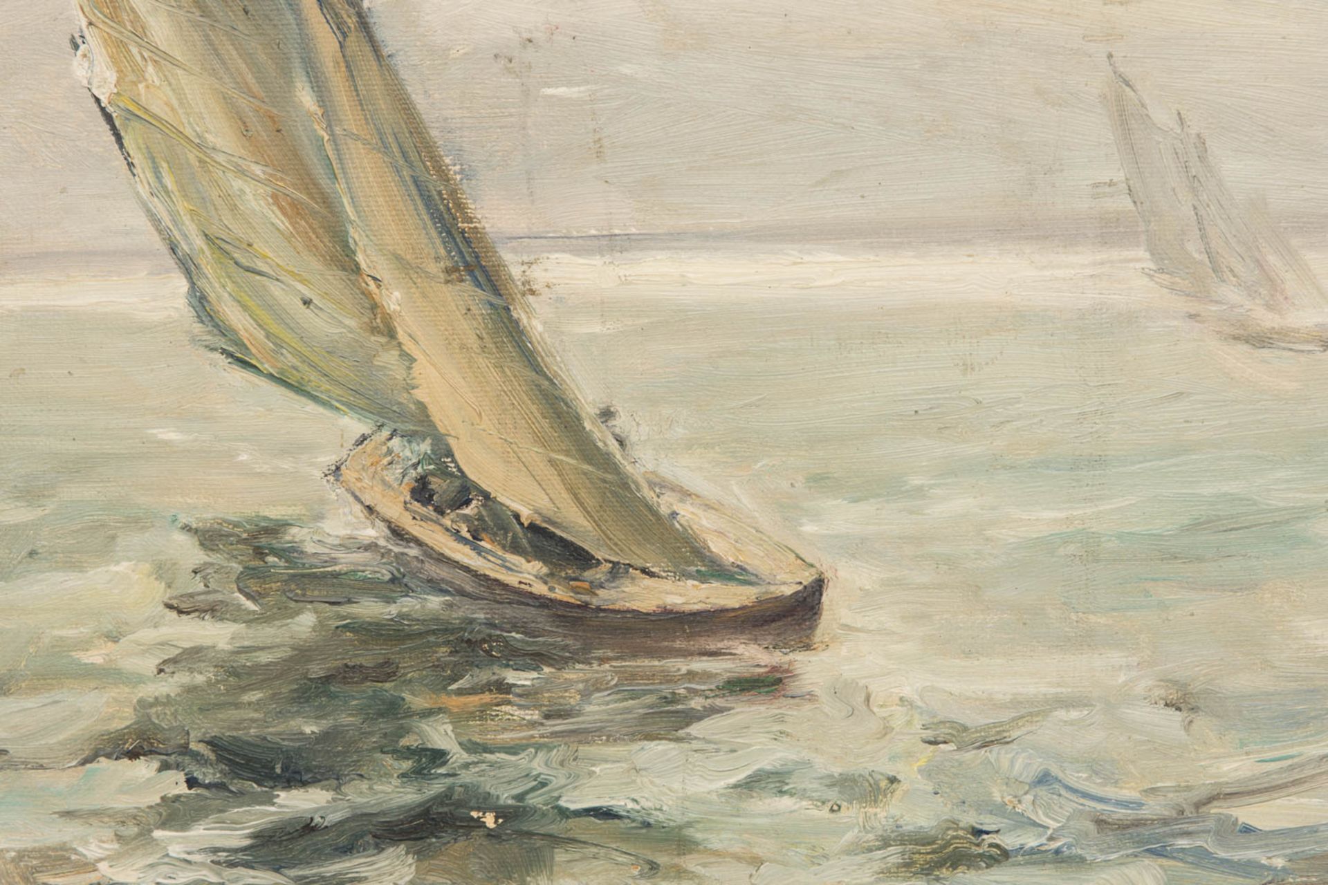 Paul Kapell, Segelboot, Öl auf Karton, 19./20. Jh.Landschaftsansicht, Segelboot im Wi - Image 2 of 6