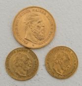 Goldmünzen Kaiserreich Preußen.3 Stück, Preußen.20 Mark 1888.2 x 5 Mark 18