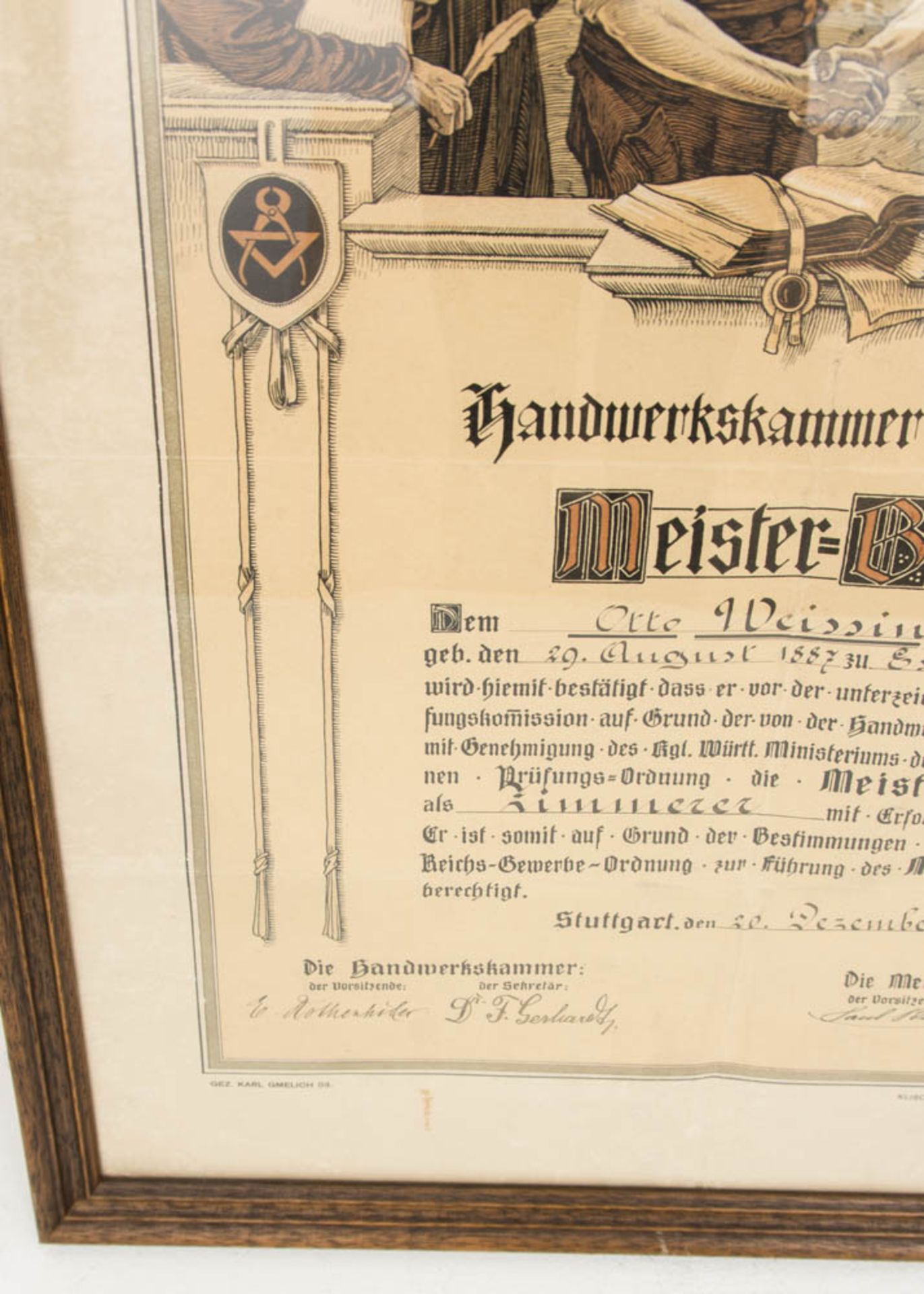 Meisterbrief zum Zimmerer mit Tonreliefs des Meisters und seiner Frau, Stuttgart 1912. - Bild 4 aus 10