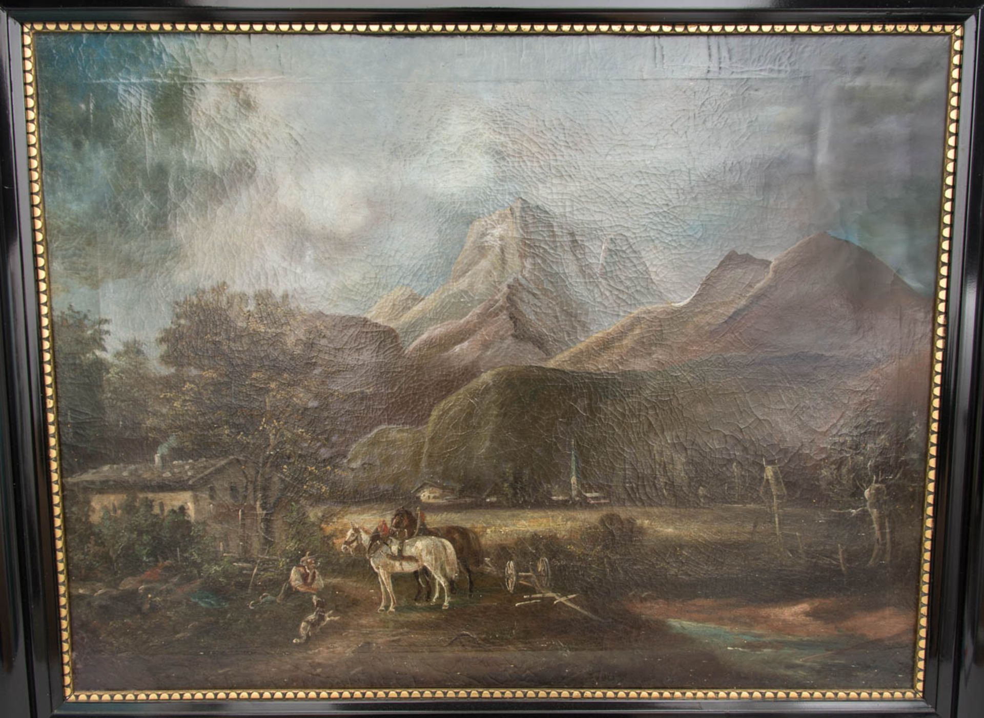 Rastendes Pferdegespann vor Berglandschaft, Öl auf Leinwand, 19. Jh.Ohne Signatur, Kr - Bild 2 aus 5