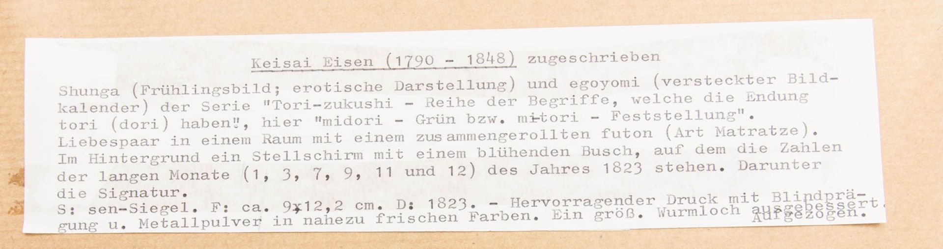 Fünf japanische Frühlingsblätter, erotische Darstellungen, Farbholzschnitte, um Mitte 19. Jh. - Bild 3 aus 12