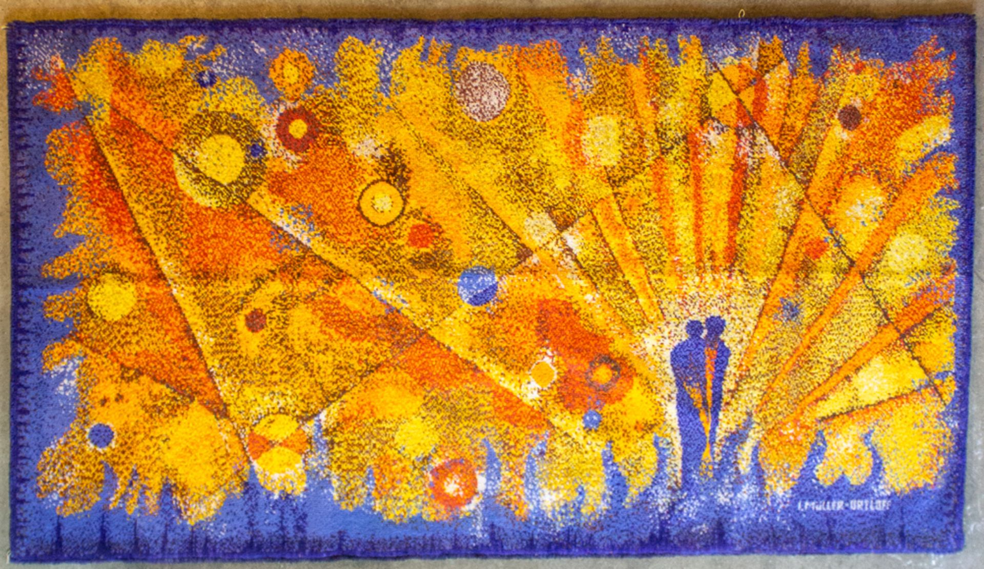 Edith Müller-Ortloff, Abstrakter Wandteppich in blau und gelb, 20. Jhd.Wandteppich in