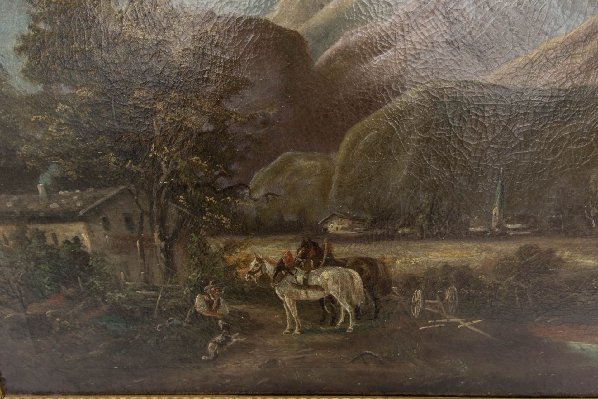 Rastendes Pferdegespann vor Berglandschaft, Öl auf Leinwand, 19. Jh.Ohne Signatur, Kr - Bild 3 aus 5