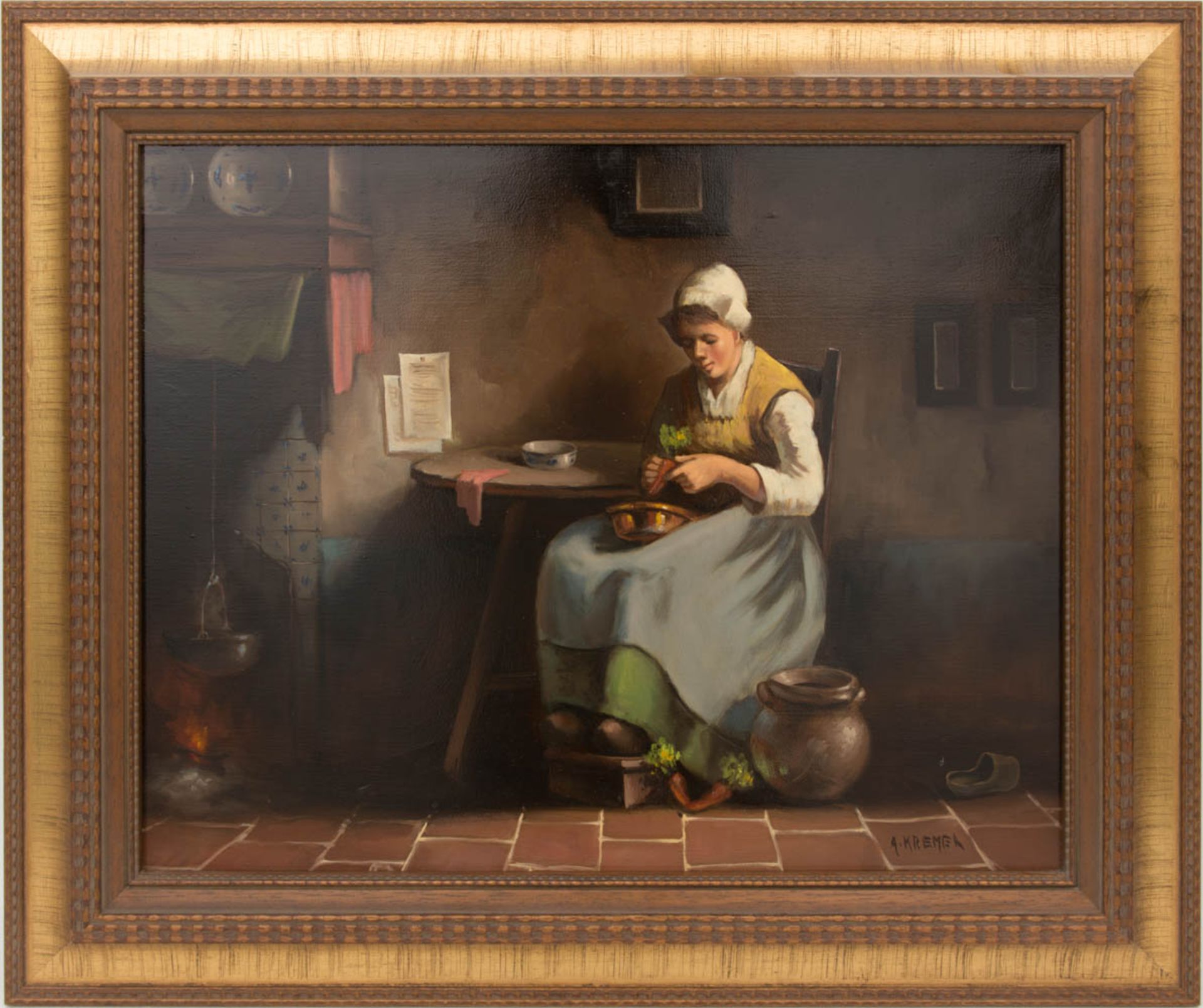 Sign. A. Kremer, Bäuerliche Küchenszene, Öl auf Leinwand, 19. Jh.Vermutlich hollän
