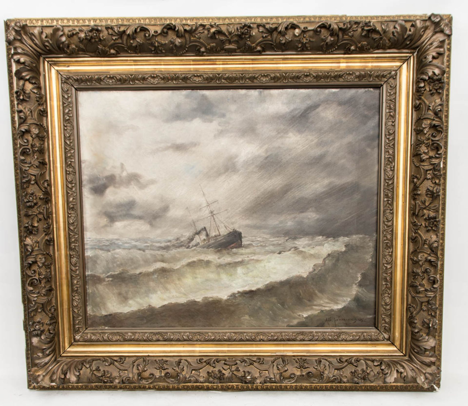 Albert Jaboneau, Schiff im Ungewitter, Öl auf Leinwand, 1891.Unten rechts signiert, p