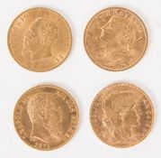 Lateinische Münzunion: 4 Goldmünzen, CH, I, F.