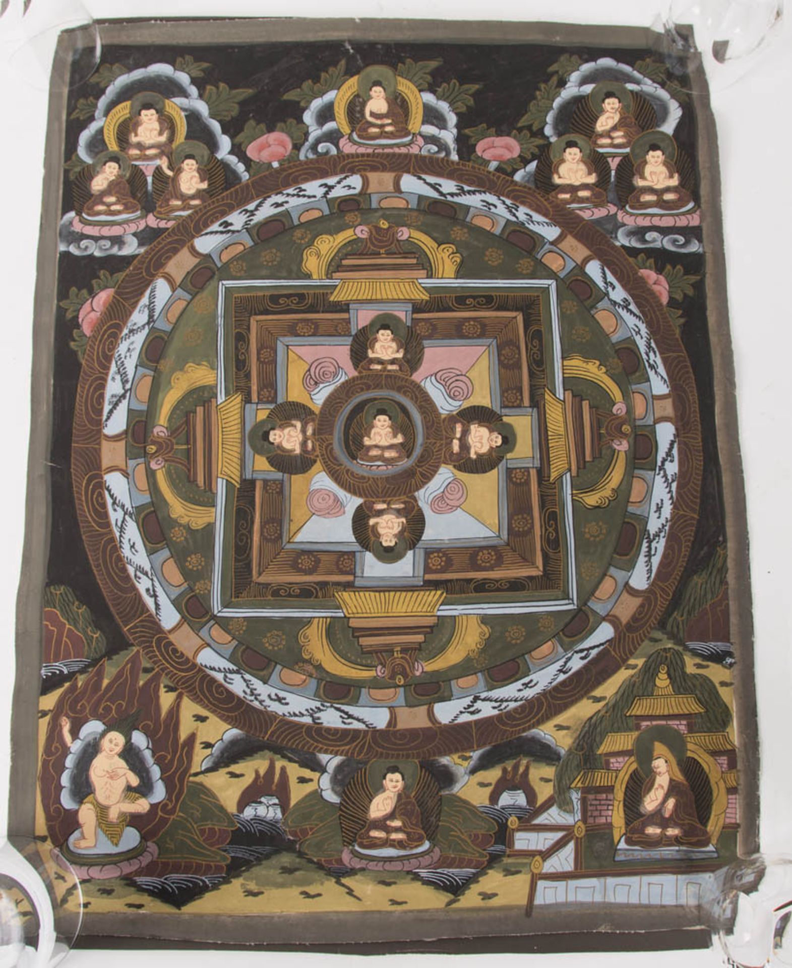 Konvolut aus neun Thangka, Buddha Mandala, Pigment und Goldstift auf Leinwand, Tibet, 20. Jh. - Bild 5 aus 6