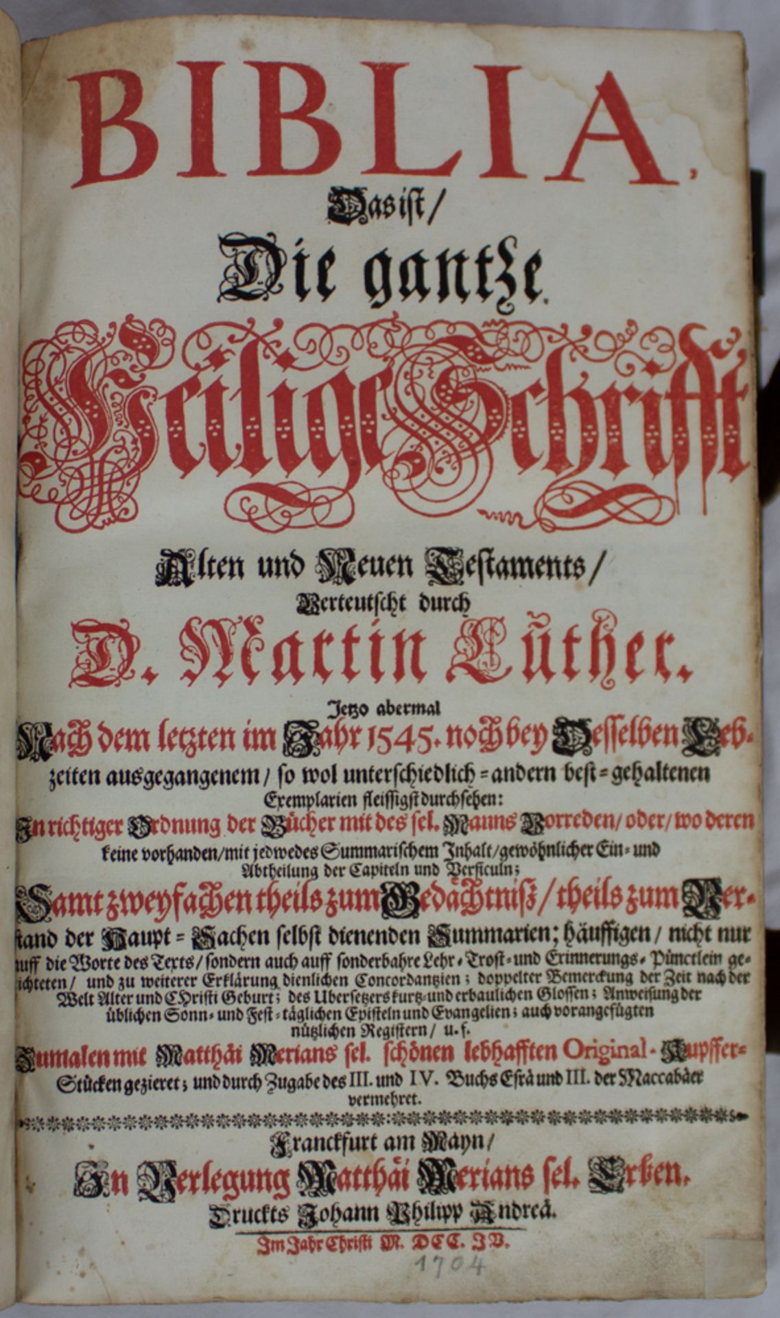 Merian Bibel, mit zahlreichen Kupferstichen Matthäus Merians, 1704. - Image 6 of 9