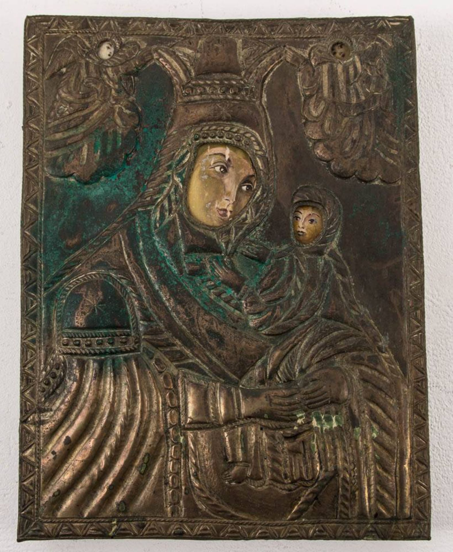 Zwei Ikonen, Gottesmutter, Tempera auf Holz hinter Messingplatte, 20. Jh. - Bild 4 aus 5