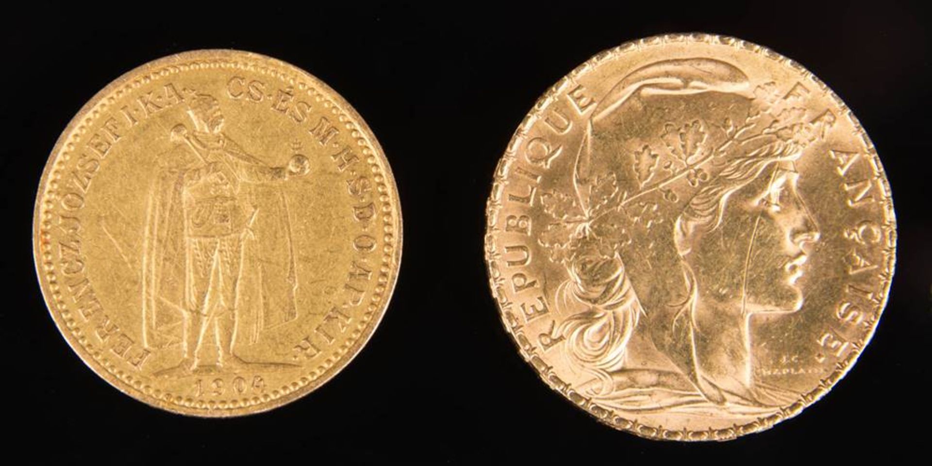 Zwei Goldmünzen Frankreich, Ungarn, 8,85g Feingold.