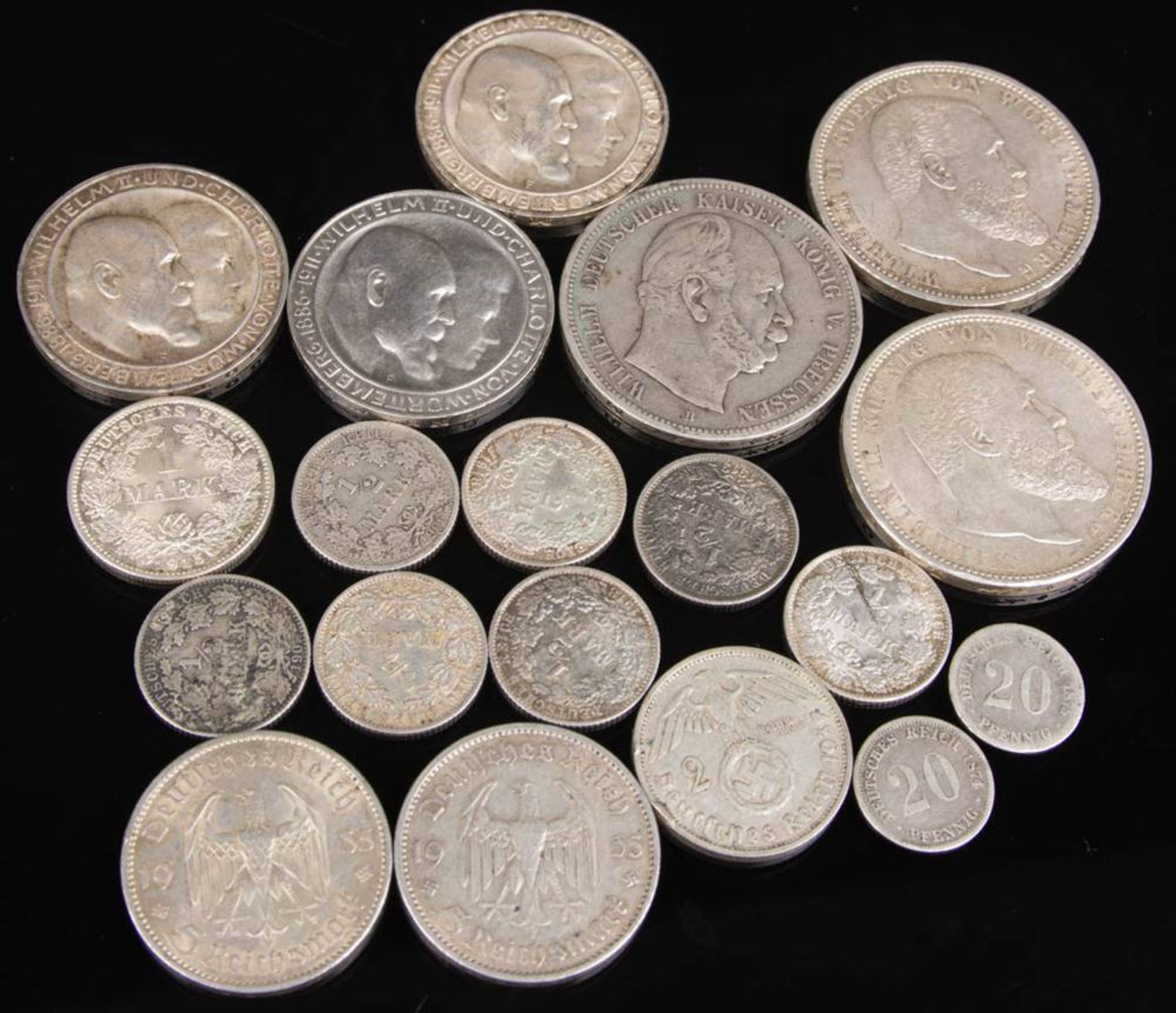 Deutsches Reich: Silbermünzen 20 Pf. bis 5 Mark 19 Stück.