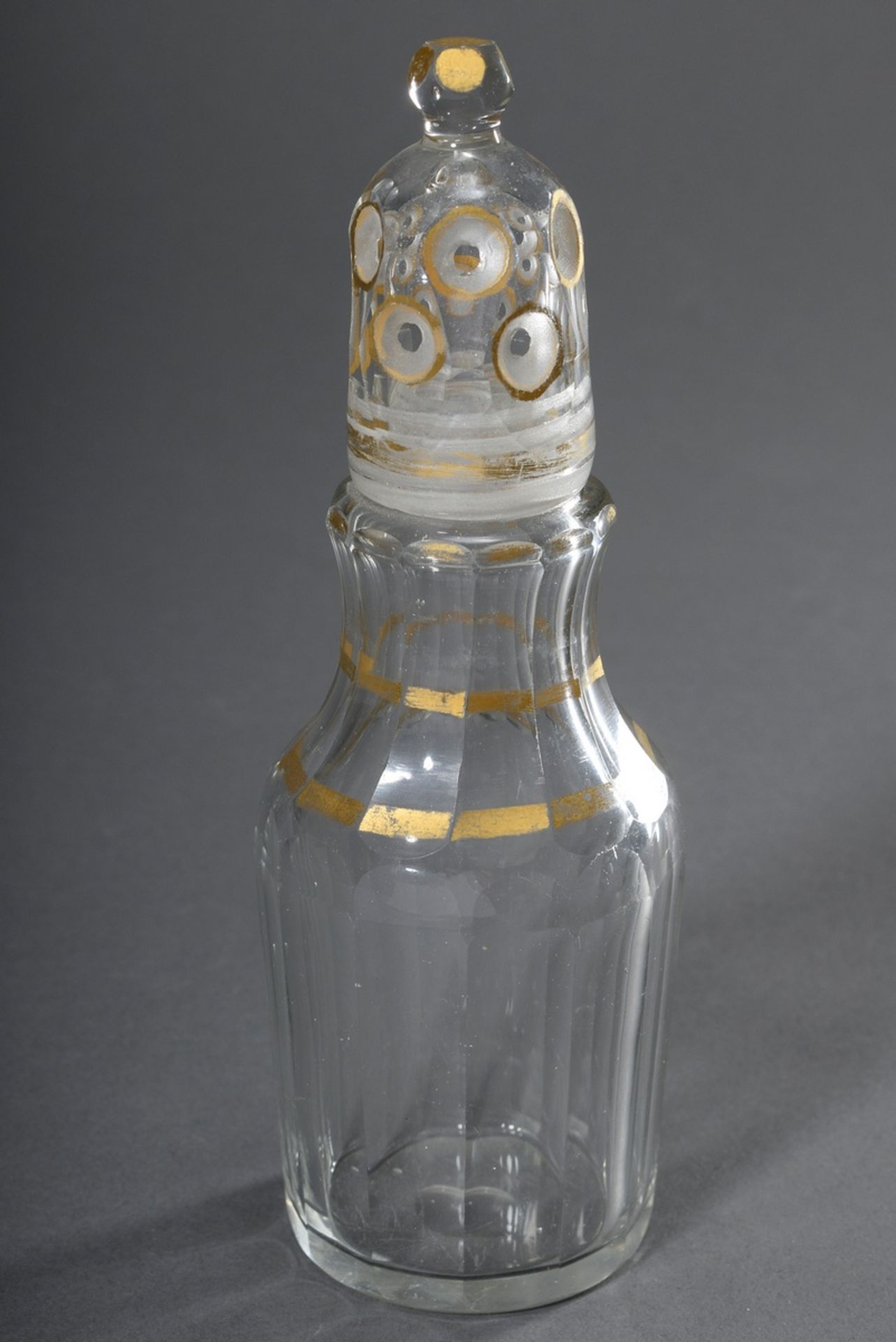 Facettierter Glas Streuer mit Goldstaffage und Schraubdeckel, 19.Jh., H. 17,5cm - Bild 2 aus 3