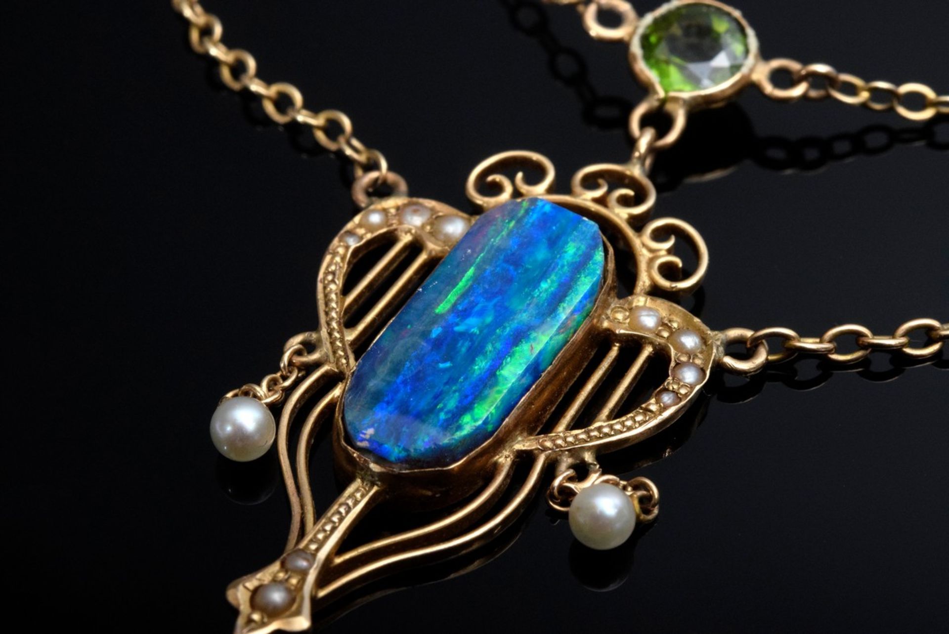 Jugendstil RG 375 Collier mit kleinen Saatperlen, Peridot und Boulderopal, um 1 - Bild 3 aus 4