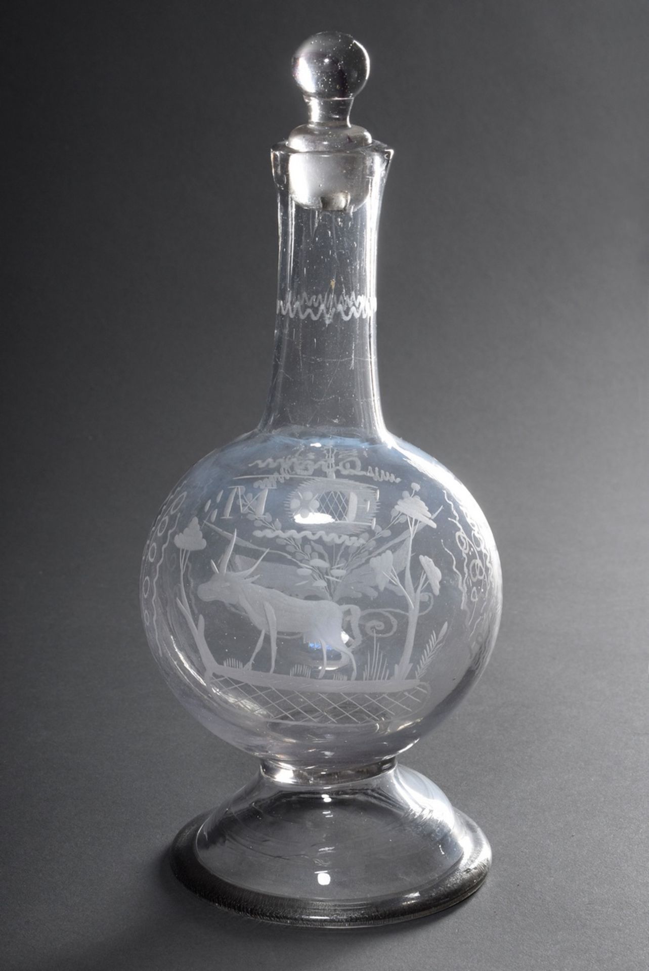 Antike Glas Phiole mit dekorativem Schliff "Kuh" und "Blüte" sowie Monogramm "M