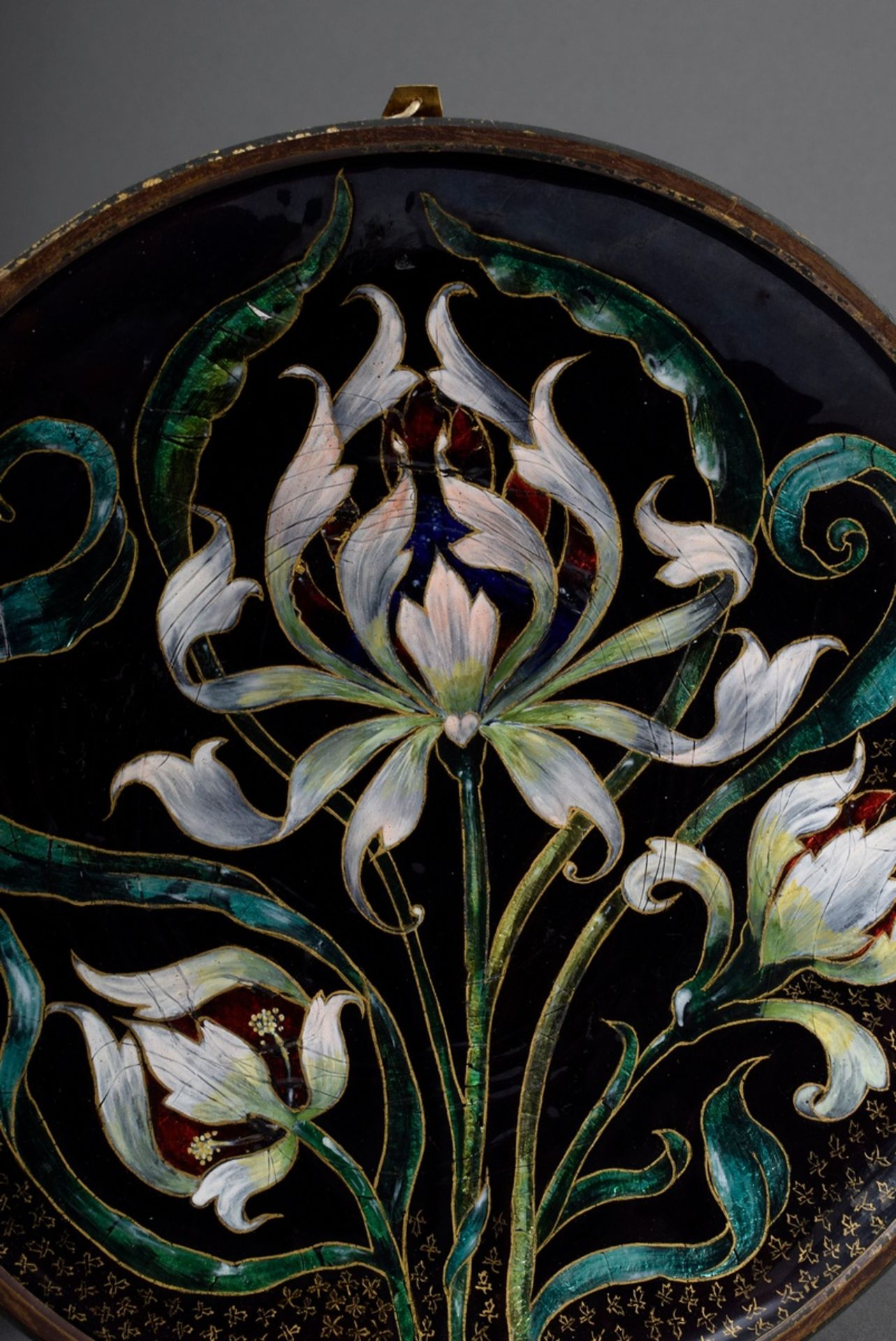 Paar Jugendstil Emaille Schalen mit ornamentaler Floraldekoration auf schwarzem - Bild 3 aus 7