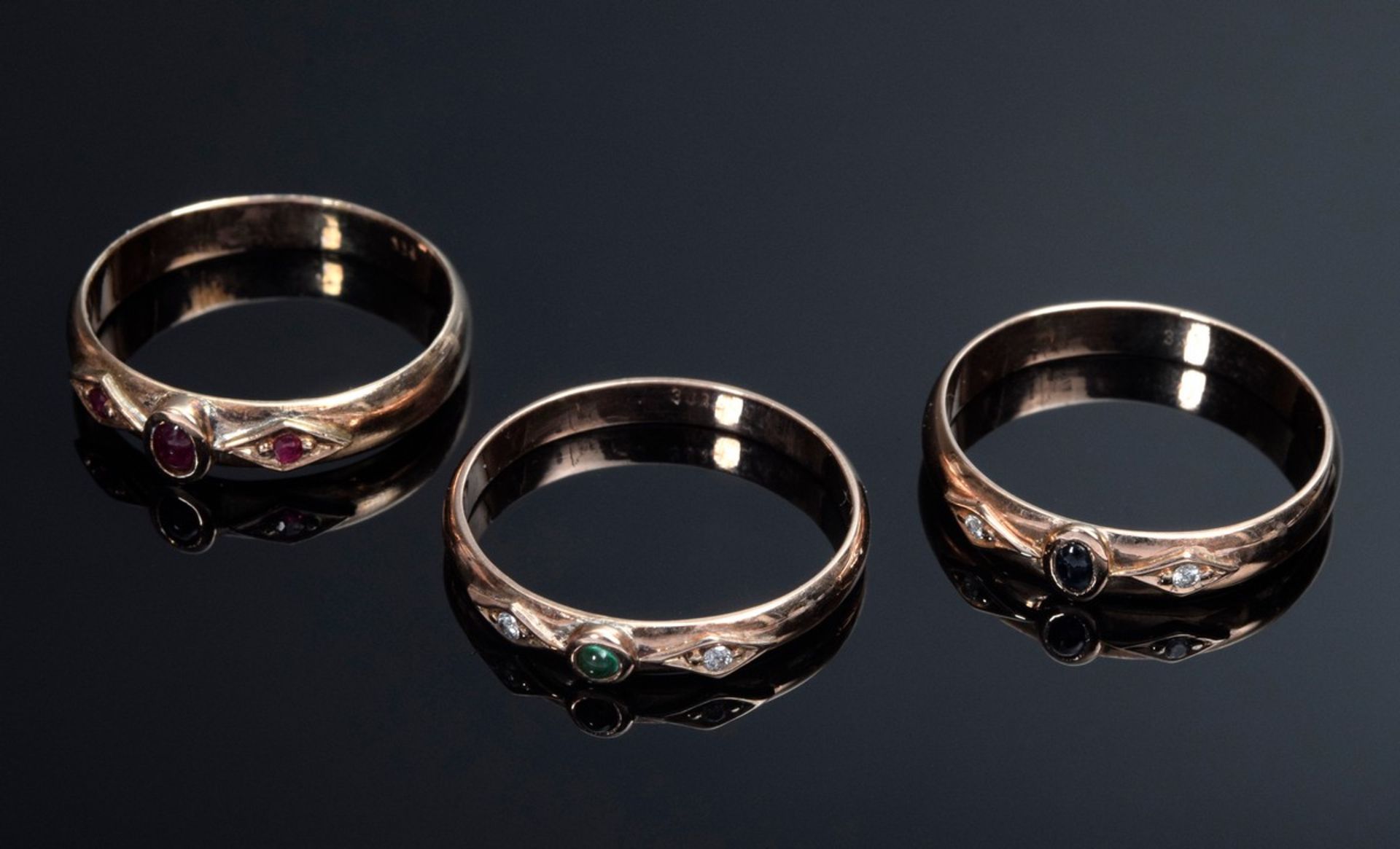 3 Diverse RG 333 Ringe mit Turmalinen, Rubinen, Smaragd und Brillantbesatz, 6, - Bild 2 aus 2