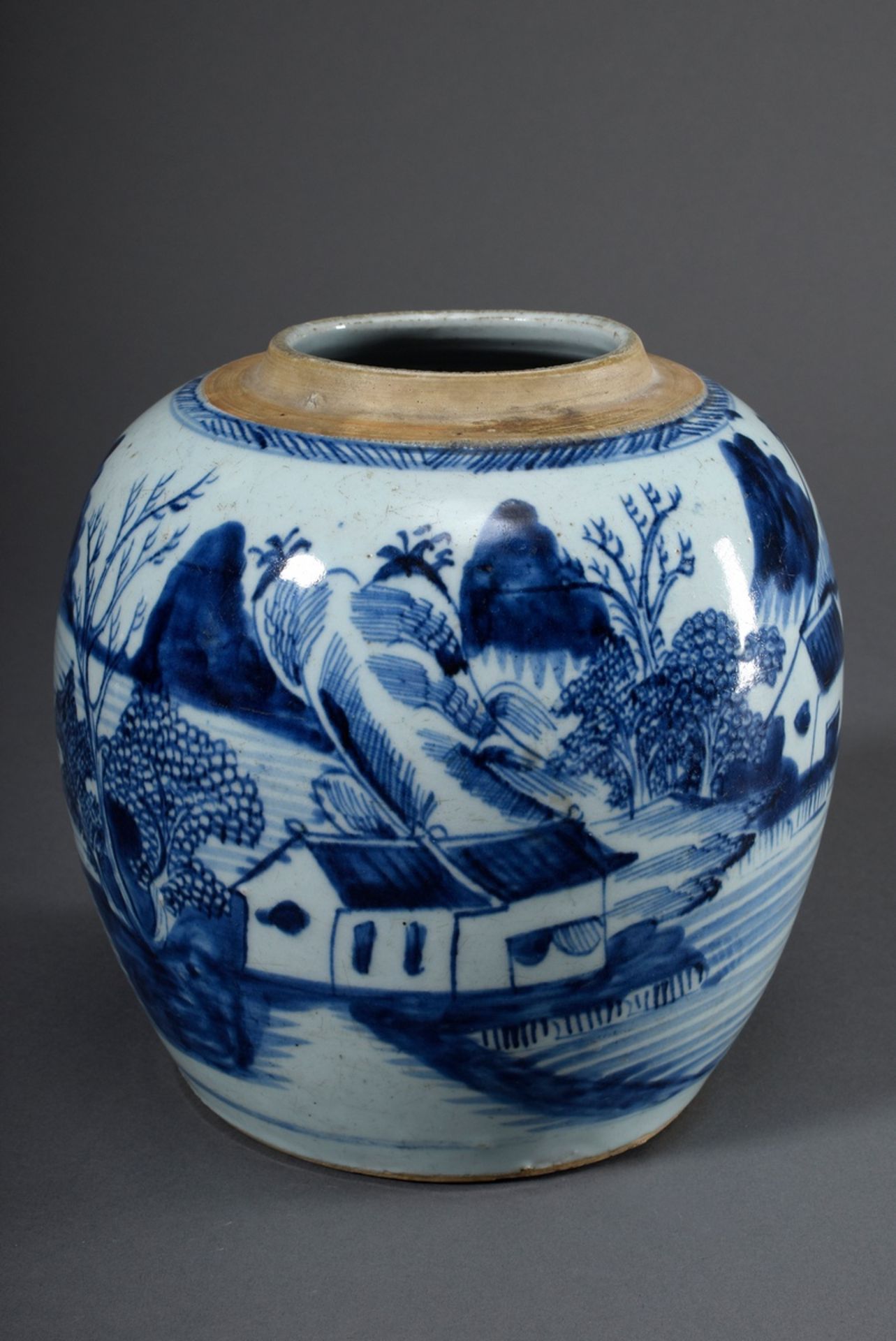 Chinesischer Porzellan Ingwertopf mit Blaumalereidekor "Berg-Seelandschaft mit