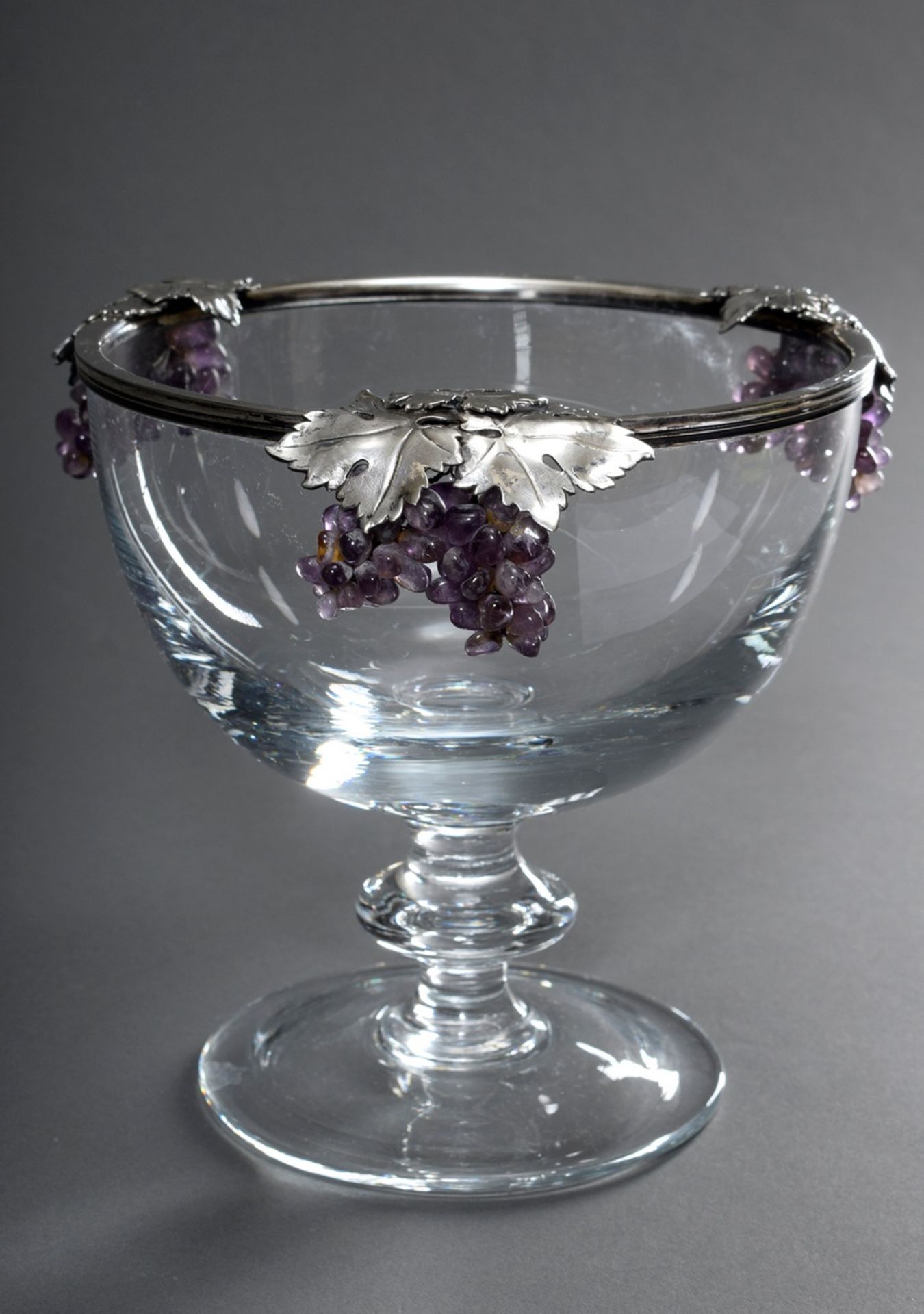 Italienische Glas Aufsatzschale mit Silber 800 Rand und Amethyst "Trauben" Beha