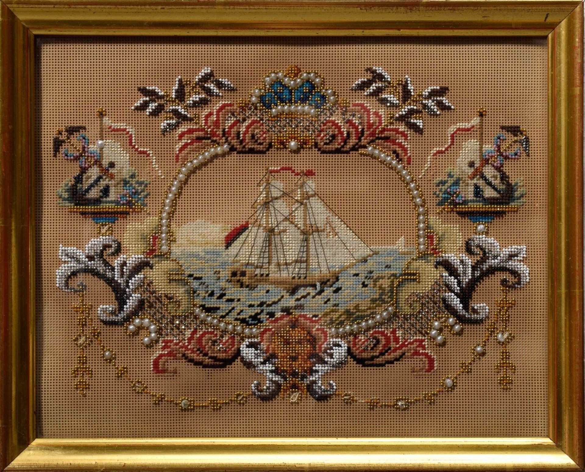 Biedermeier Perlstickerei "Segelschiff" 1838, verso dat./bez., 18,5x23,5cm (m.R