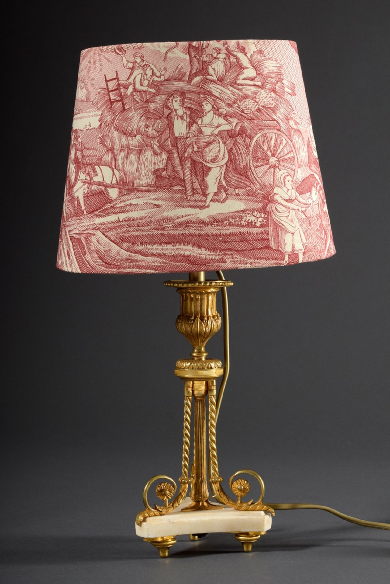 Kleine Tischlampe mit Bronze/Marmor Fuß in Louis XVI Stil sowie Toile-de-Jouy S
