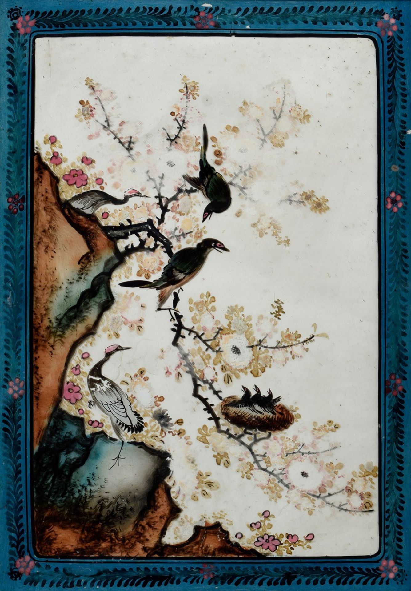 Paar chinesische Hinterglasmalereien "Felsen, Blumen und Kraniche", 49x34cm (m. - Bild 4 aus 5