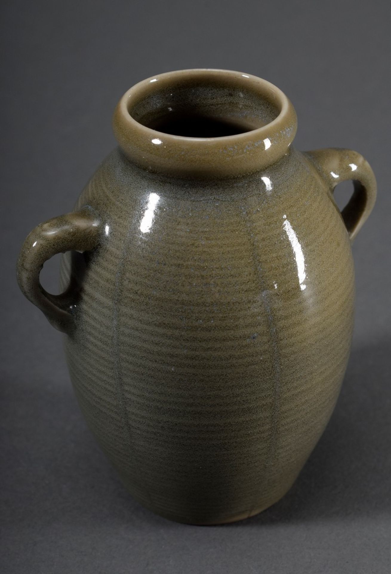 Kleines Keramik Henkelväschen mit graugrüner Glasur und Streifenmuster, Japan, - Bild 3 aus 5