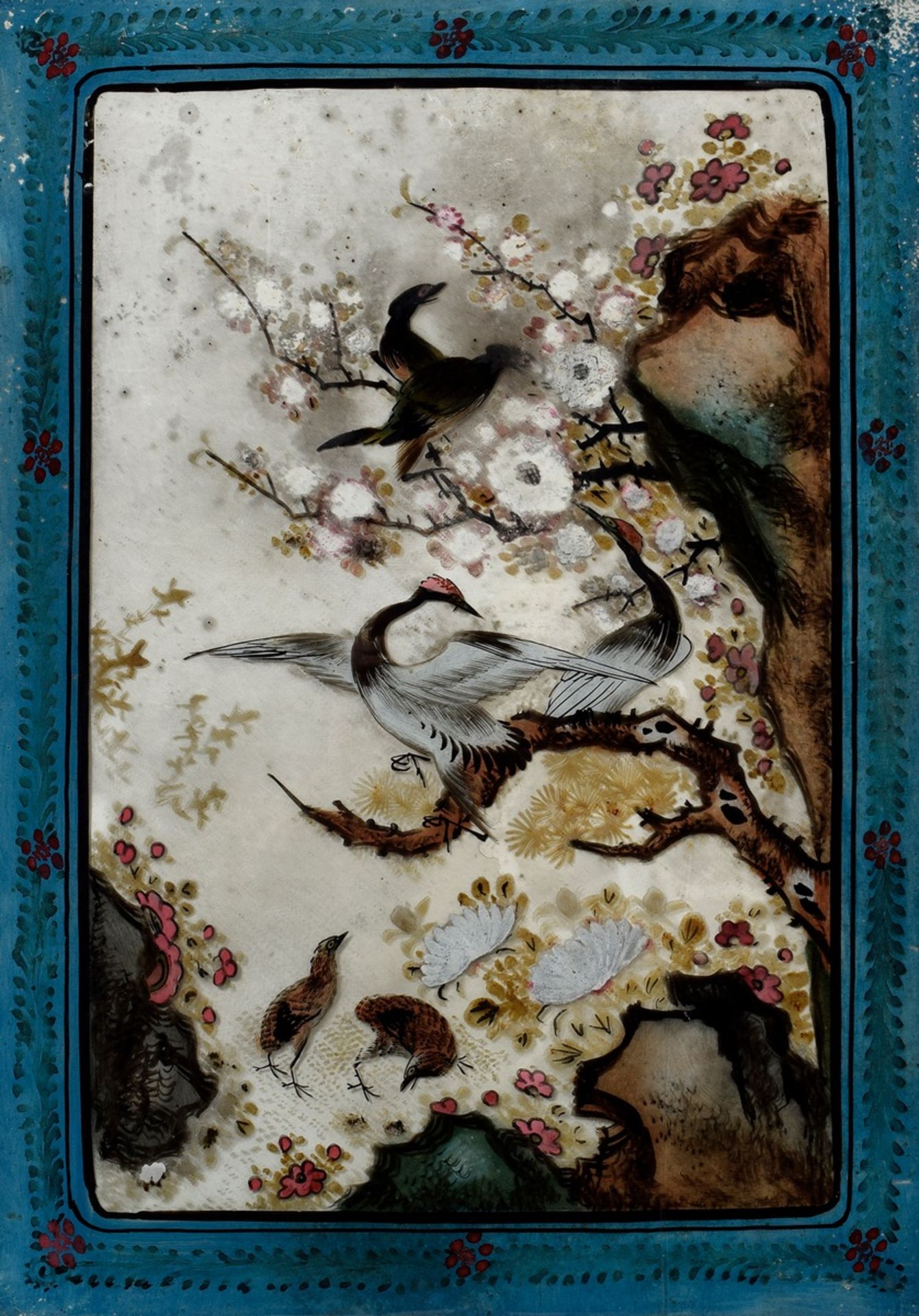 Paar chinesische Hinterglasmalereien "Felsen, Blumen und Kraniche", 49x34cm (m. - Bild 5 aus 5