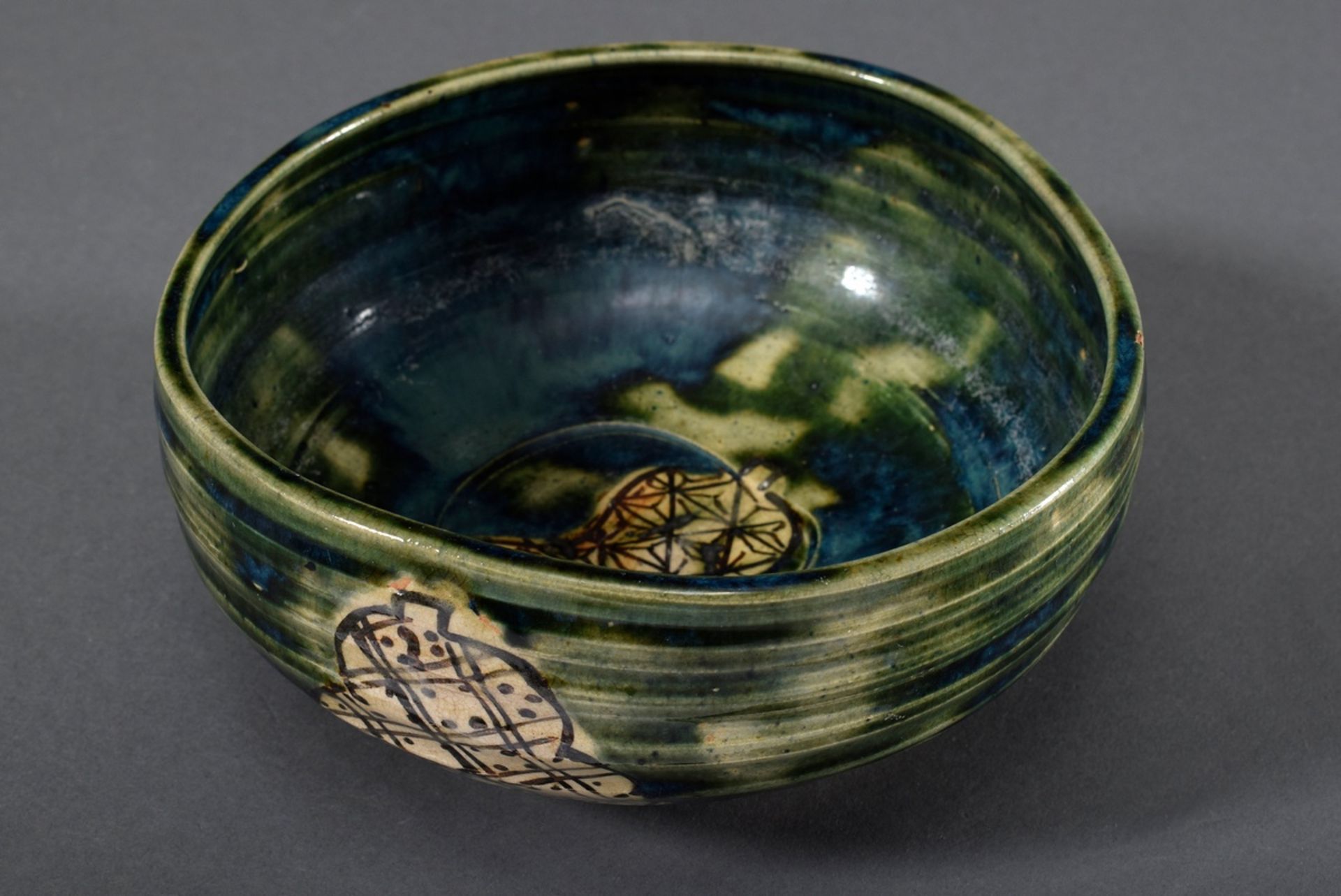 Japanische Oribe Keramik Schale mit grün-blauer Flussglasur und "Flaschenkürbis
