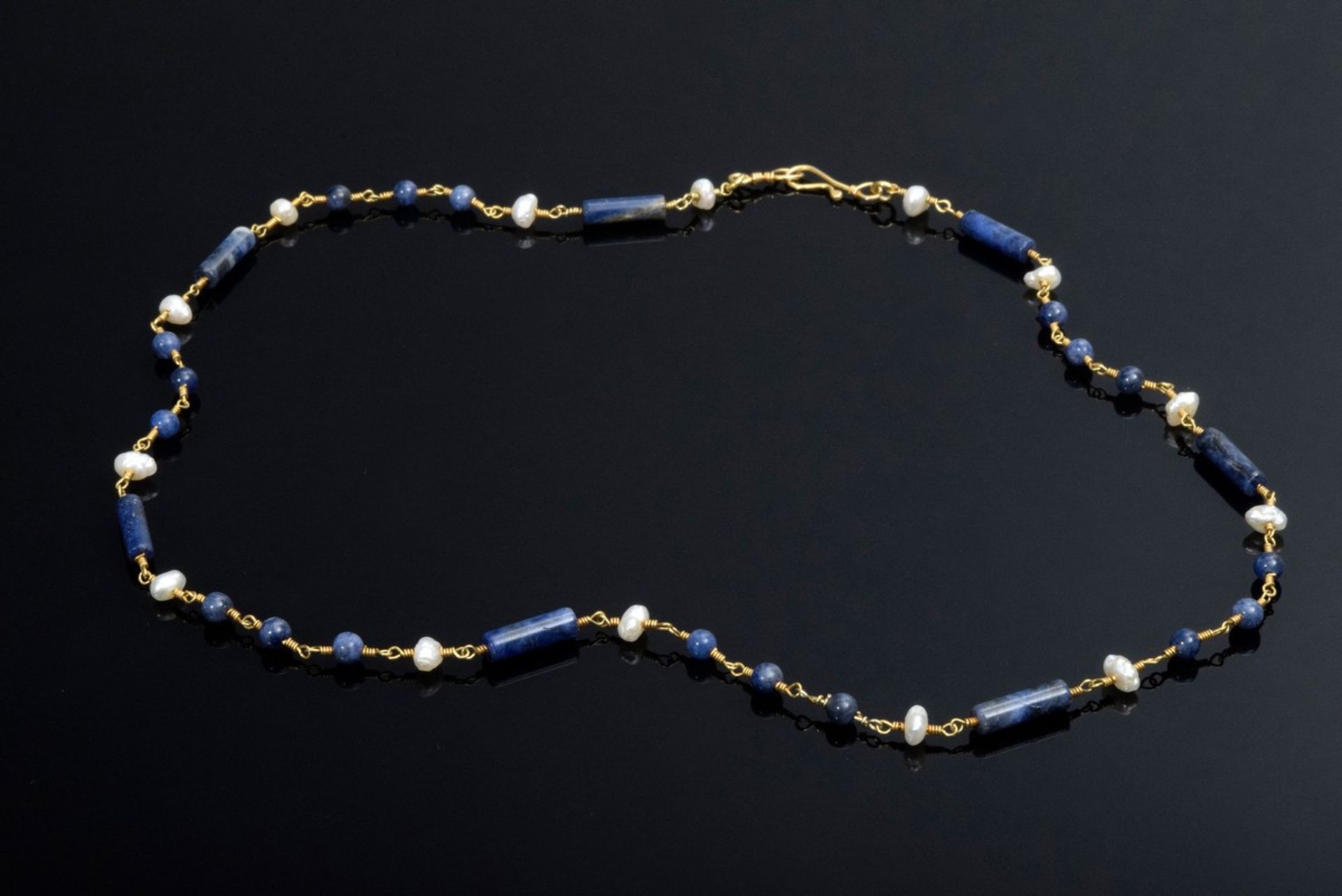 Zarte GG 585 Kette mit Lapislazuli-Elementen sowie Süßwasserperlen, 9g, L. 51cm