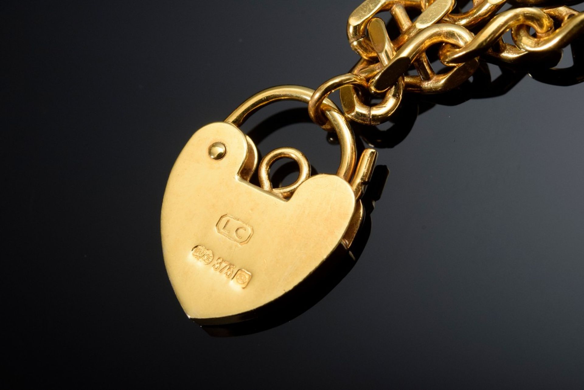 GG 333 "Herz" Armband mit GG 375 Schlossanhänger, 9,2g, L. 18cm, neu vergoldet - Bild 3 aus 3