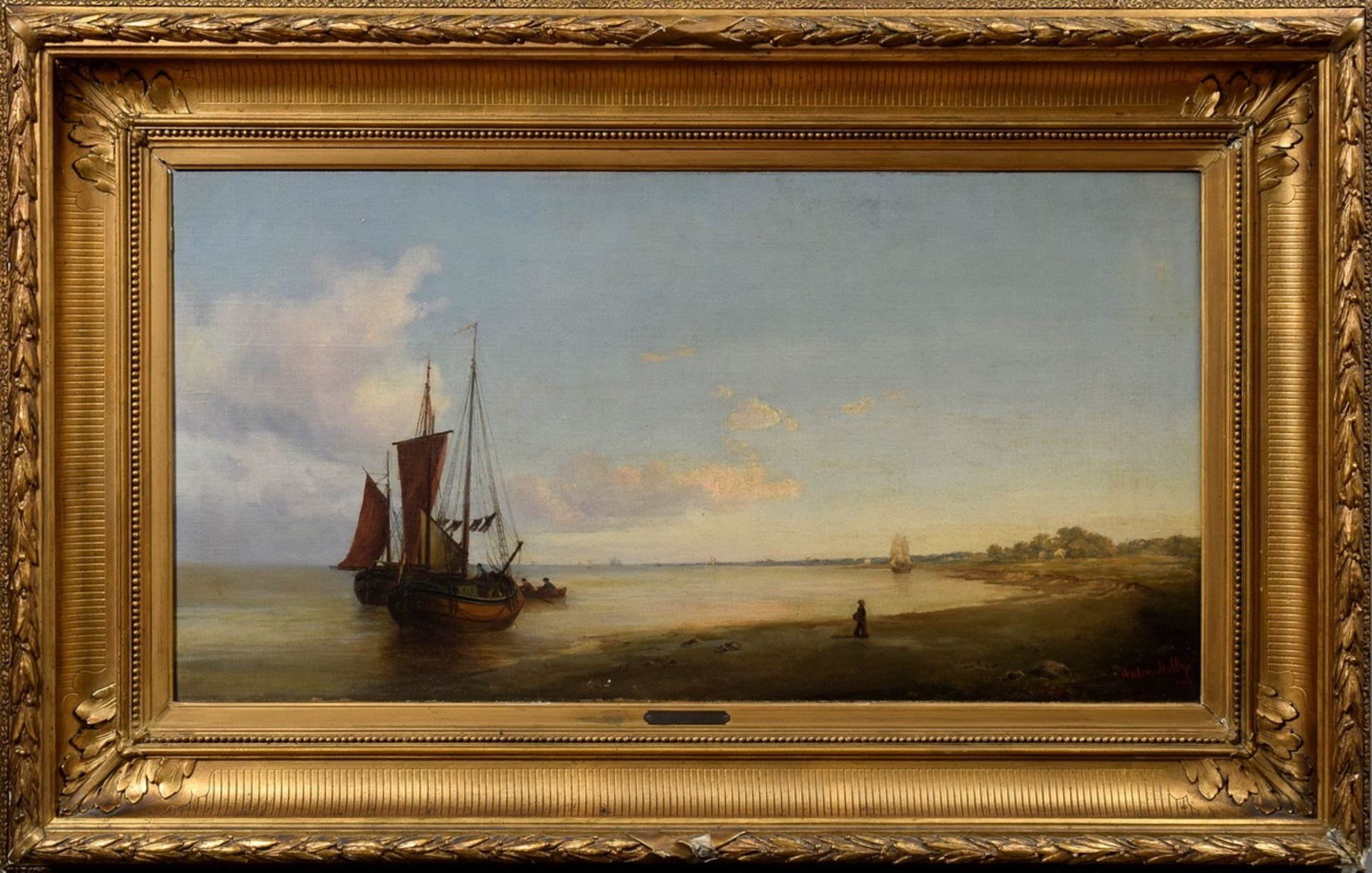 Melbye, Anton (1818-1875) "Schiff am Strand", Öl/Leinwand auf Holzplatte aufgez - Bild 2 aus 7