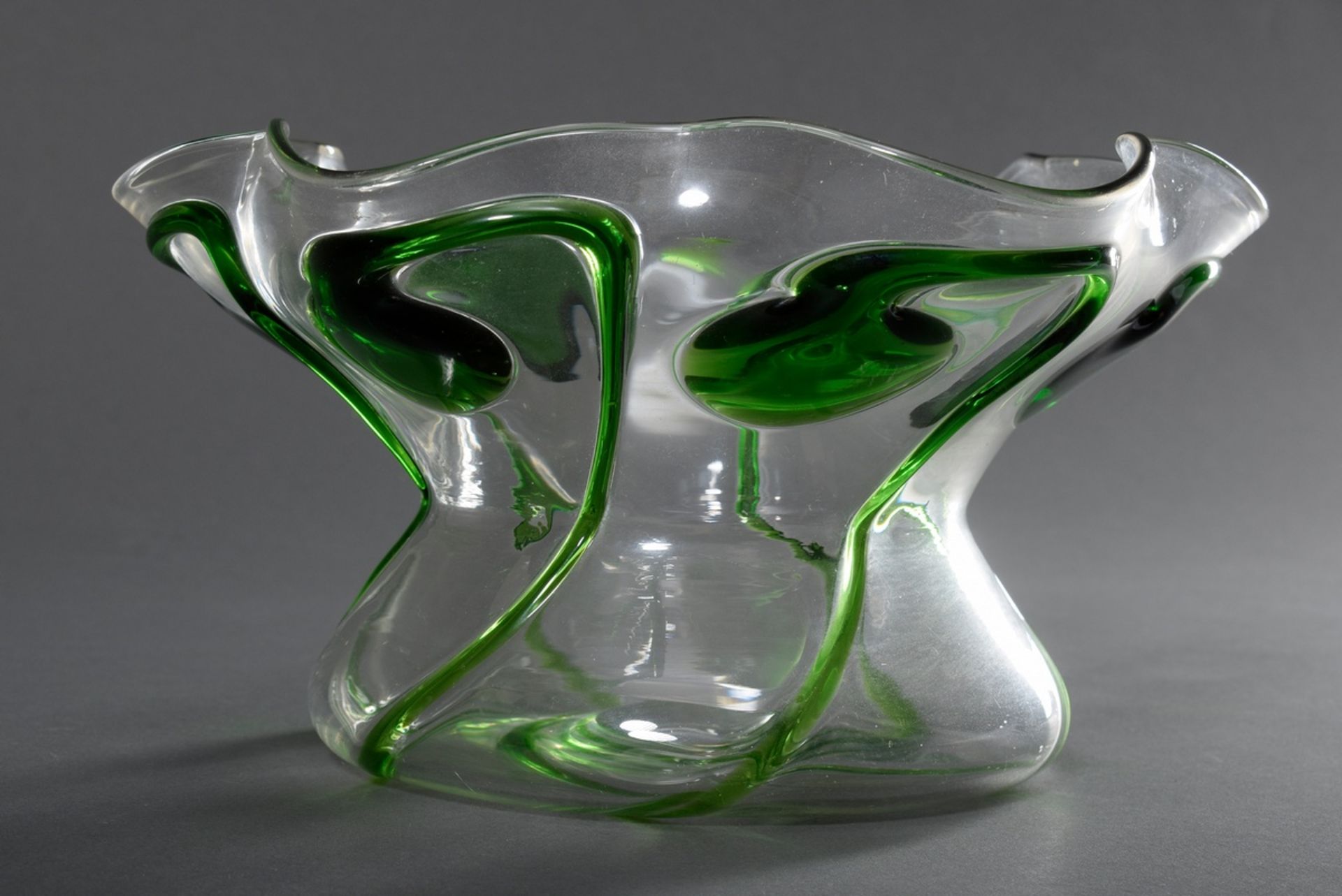 Große sechspassige englische Jugendstil Glas Schale mit grünen Tropfenauflagen - Bild 2 aus 4