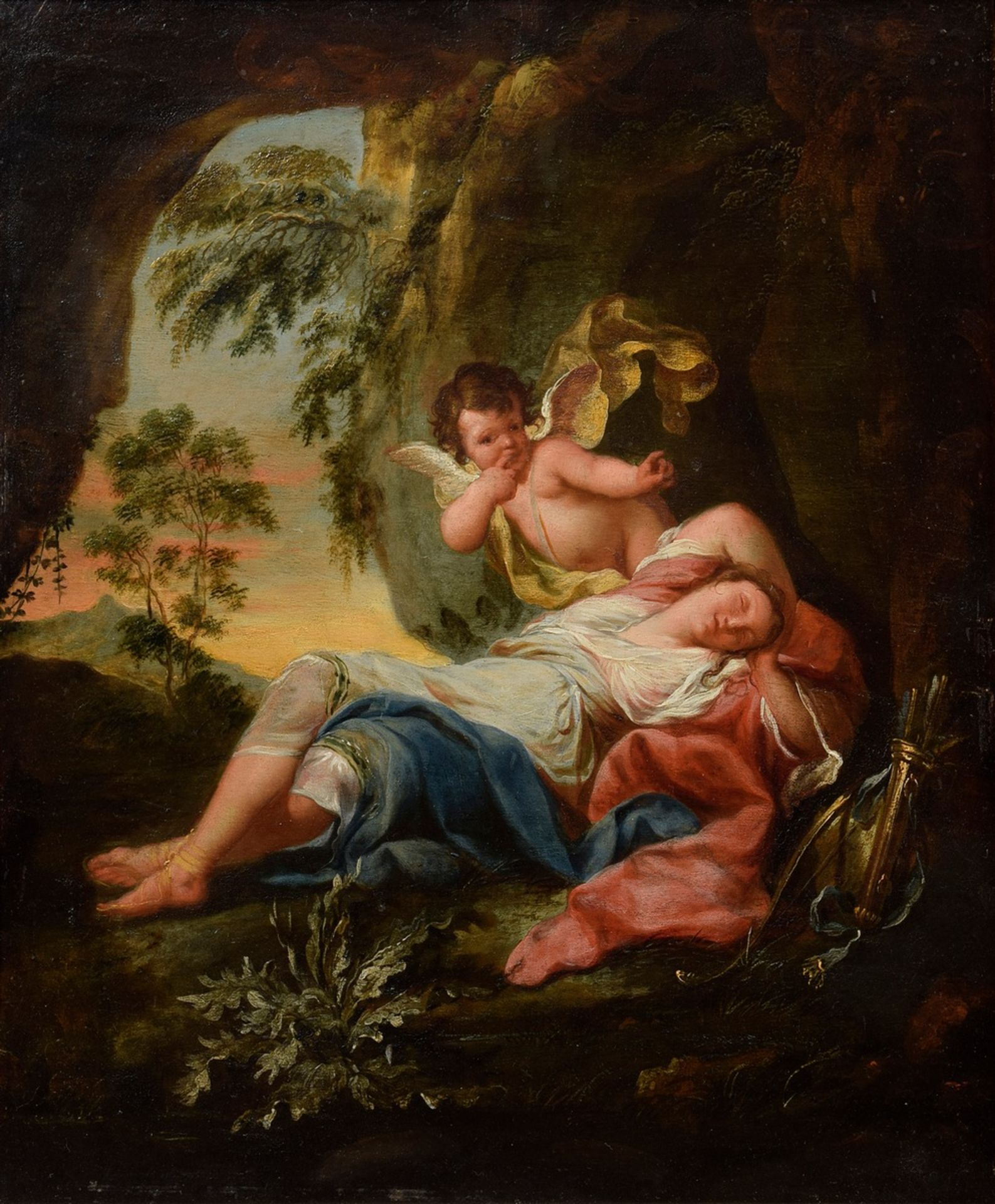 Unbekannter Künstler des 18.Jh. "Amor und schlafende Diana", Öl/Holz, 49,5x44cm