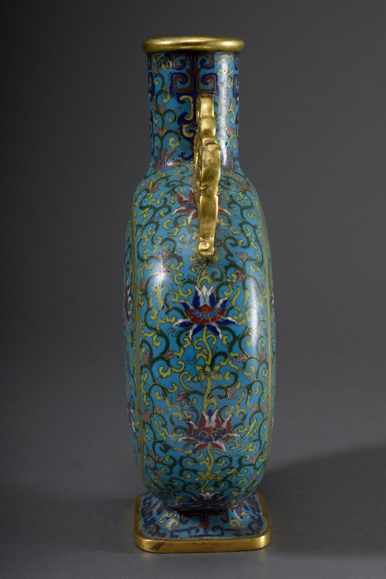 Cloisonné Pilgerflasche mit vergoldeten Fabeltierhenkeln und polychromer Floral - Image 5 of 5