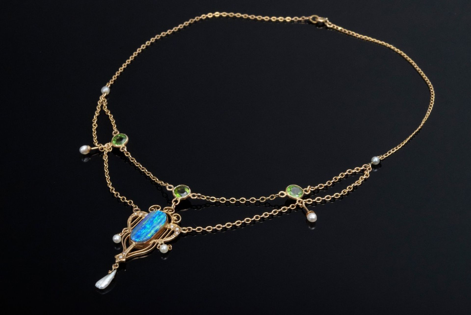 Jugendstil RG 375 Collier mit kleinen Saatperlen, Peridot und Boulderopal, um 1 - Bild 2 aus 4