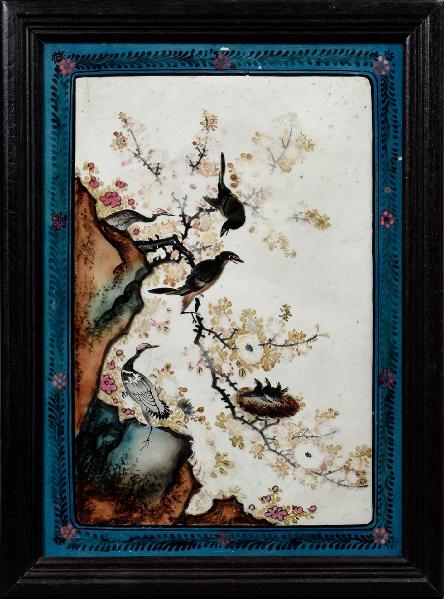 Paar chinesische Hinterglasmalereien "Felsen, Blumen und Kraniche", 49x34cm (m. - Bild 2 aus 5