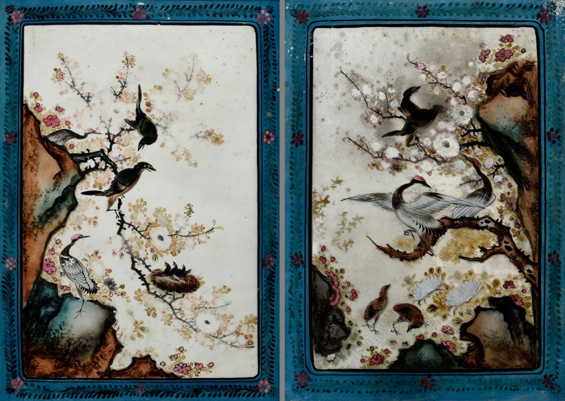 Paar chinesische Hinterglasmalereien "Felsen, Blumen und Kraniche", 49x34cm (m.