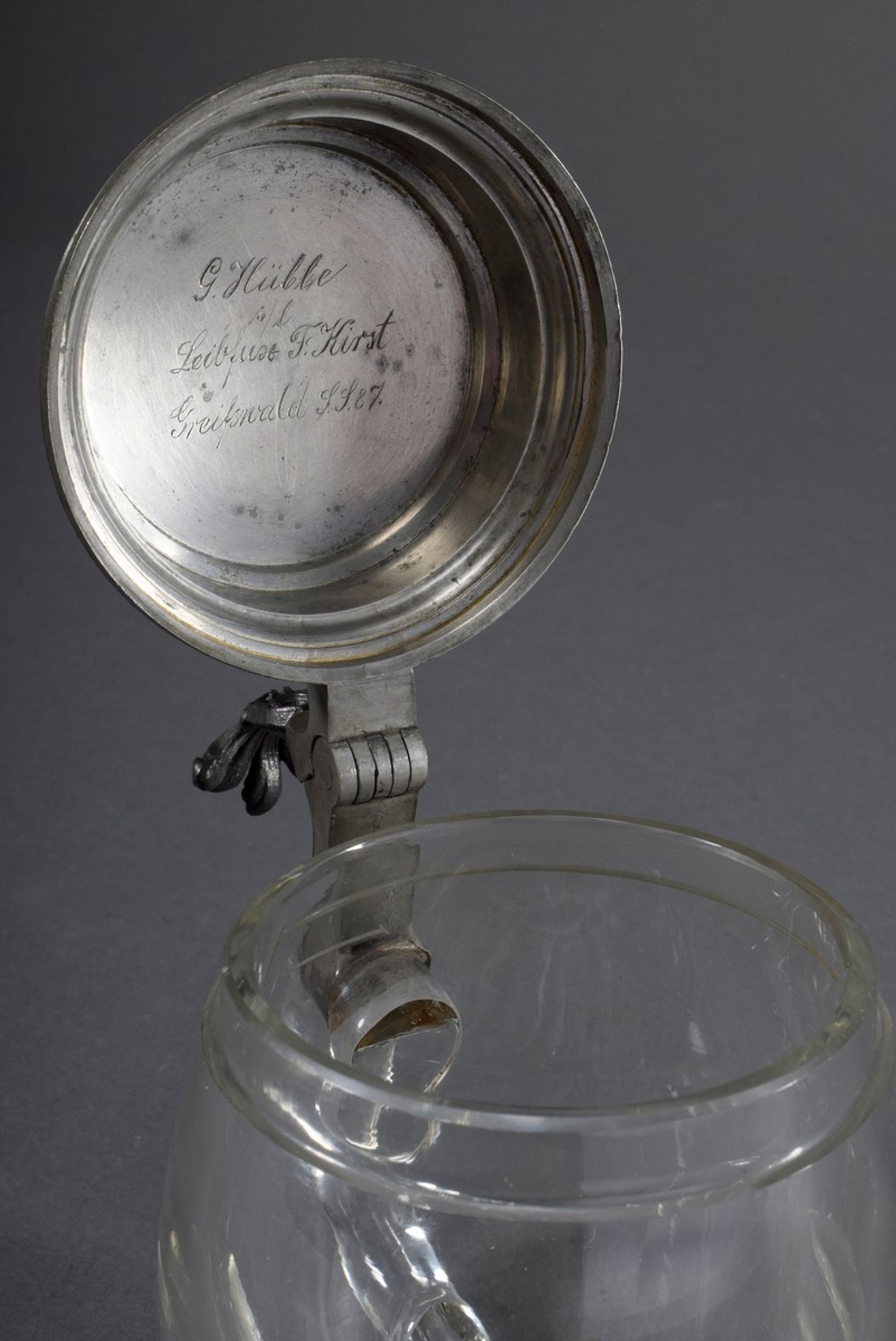 Glas Humpen mit Zinn Deckel "Reinecke Fuchs und der Hahn", innen studentische W - Image 5 of 6