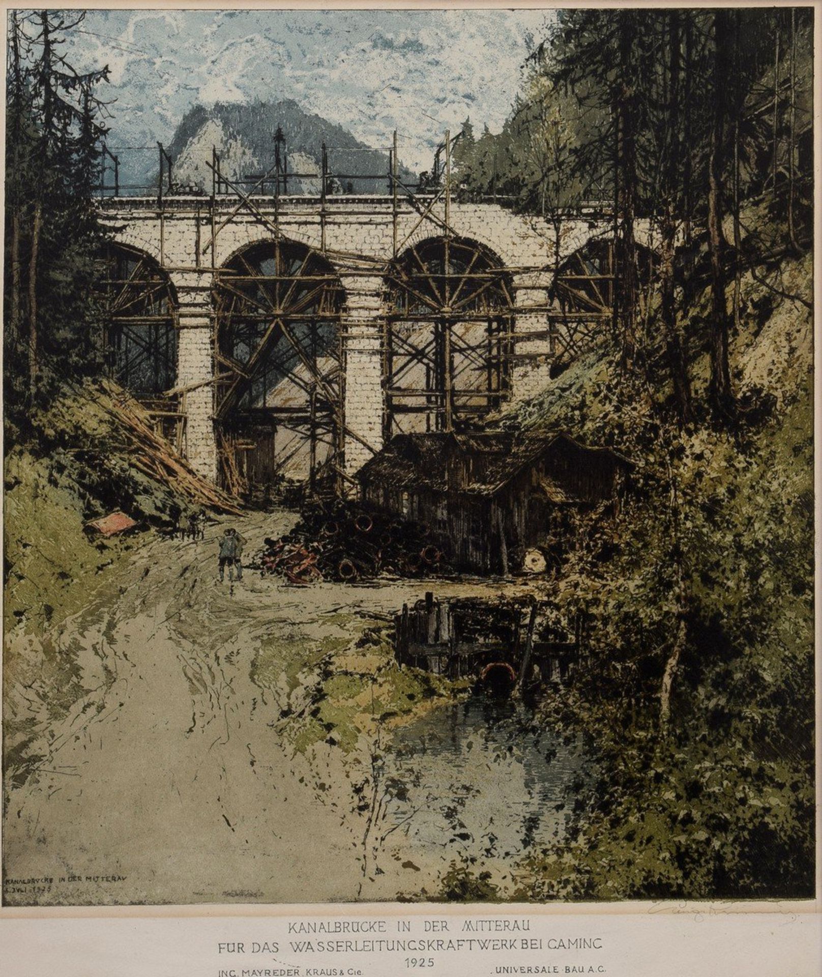 Kasimir, Luigi (1881-1962) "Kanalbrücke in der Mitterau..." 1925, Farbradierung