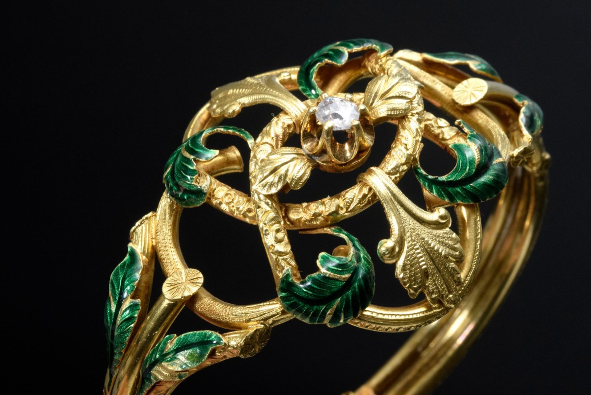 2 Teile Armreif und Nadel aus Biedermeier Demi-Parure mit grüner Emaillierung a - Bild 5 aus 8