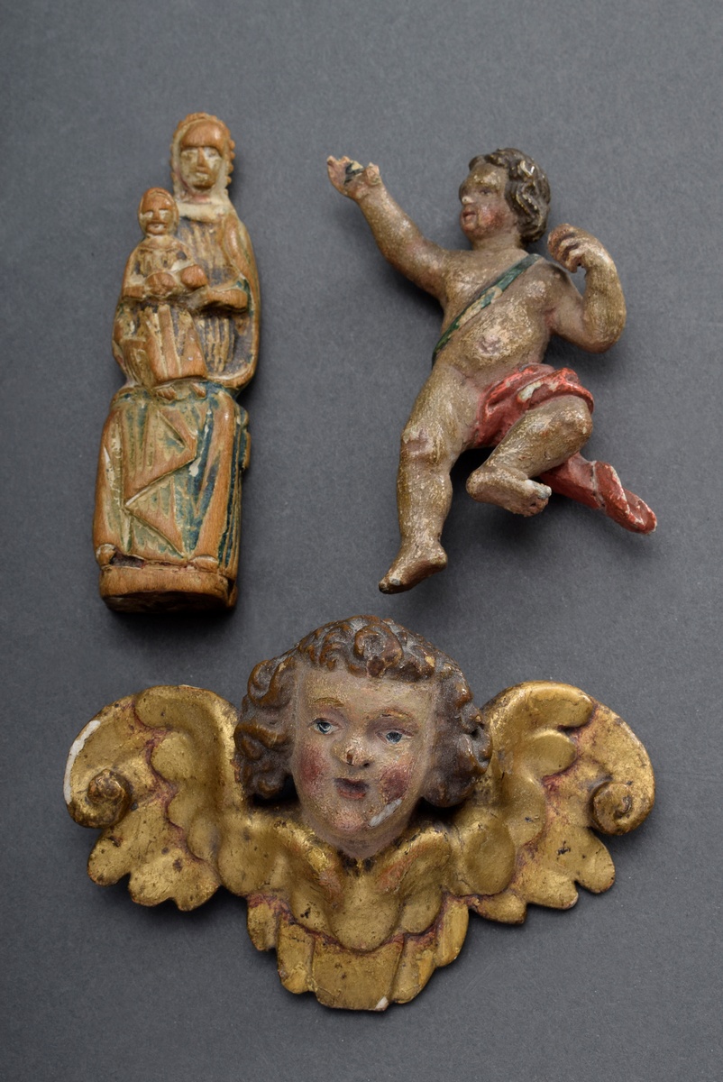 3 Diverse sakrale Miniatur Figuren: "Gnadenbild Maria Zell" (H. 9cm), "Geflügel