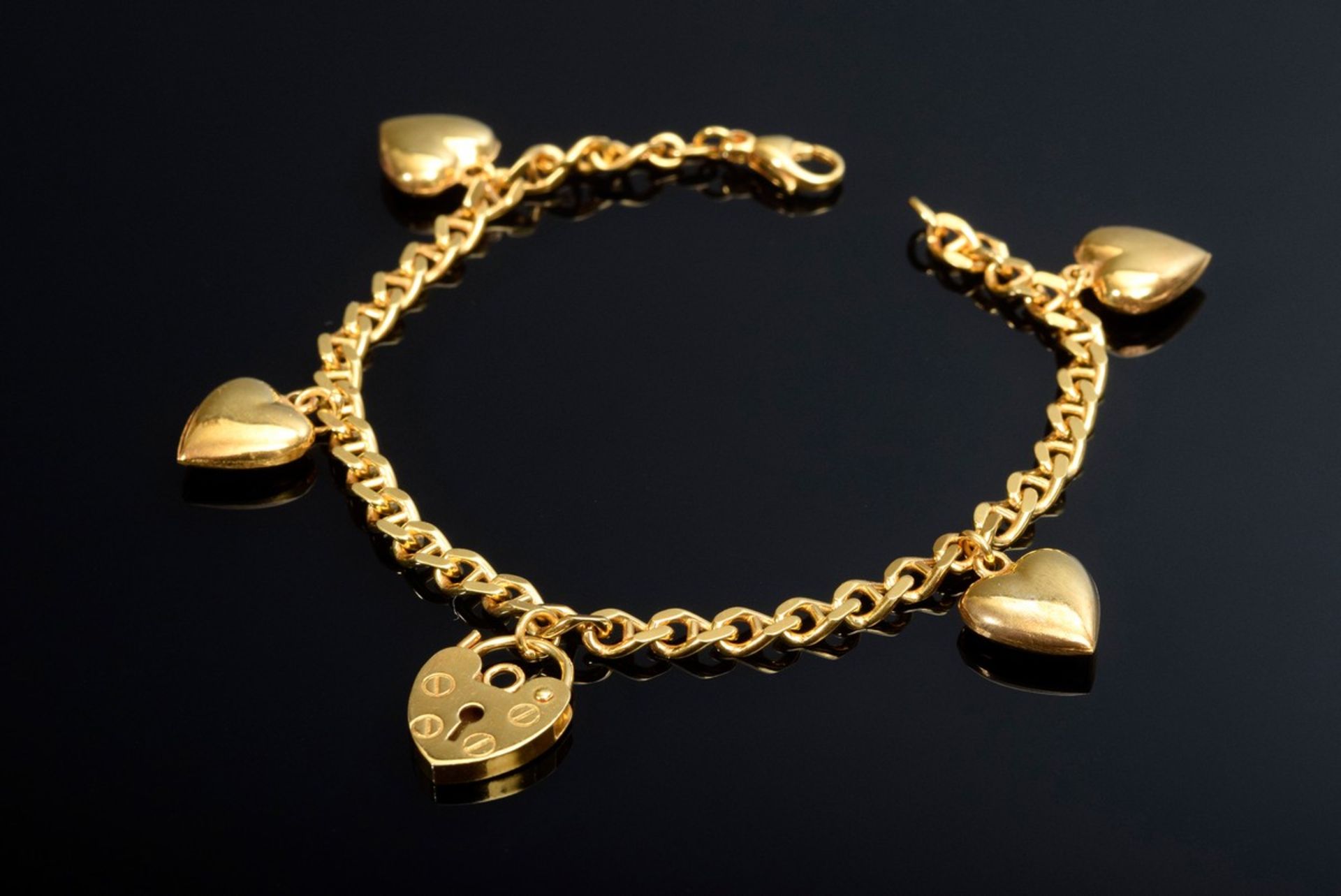 GG 333 "Herz" Armband mit GG 375 Schlossanhänger, 9,2g, L. 18cm, neu vergoldet
