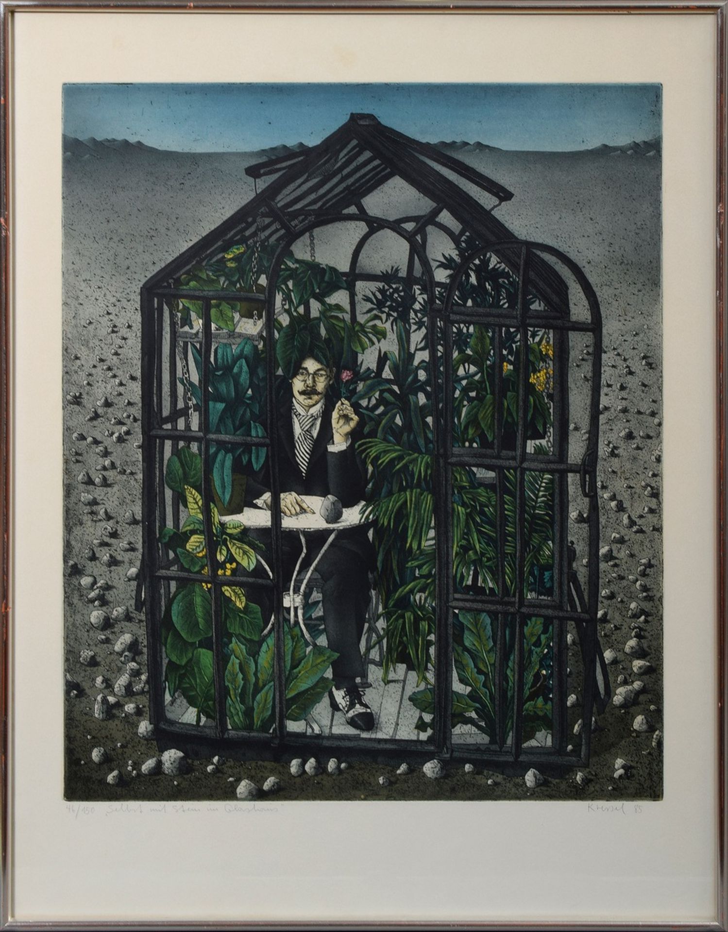 Kressel, Diether (1925-2015) "Selbst mit Stein im Glashaus" 1985, Farbradierung - Bild 2 aus 3