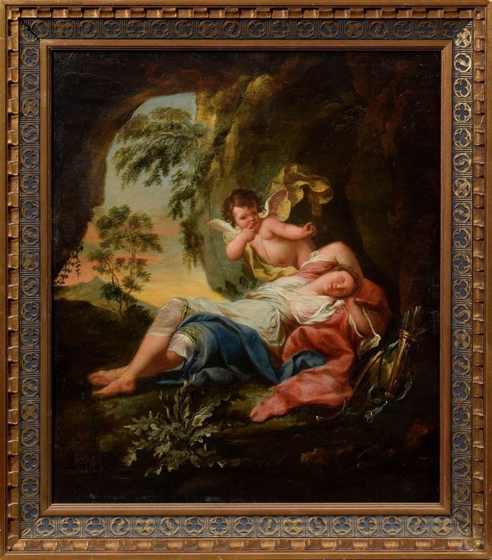 Unbekannter Künstler des 18.Jh. "Amor und schlafende Diana", Öl/Holz, 49,5x44cm - Bild 2 aus 5